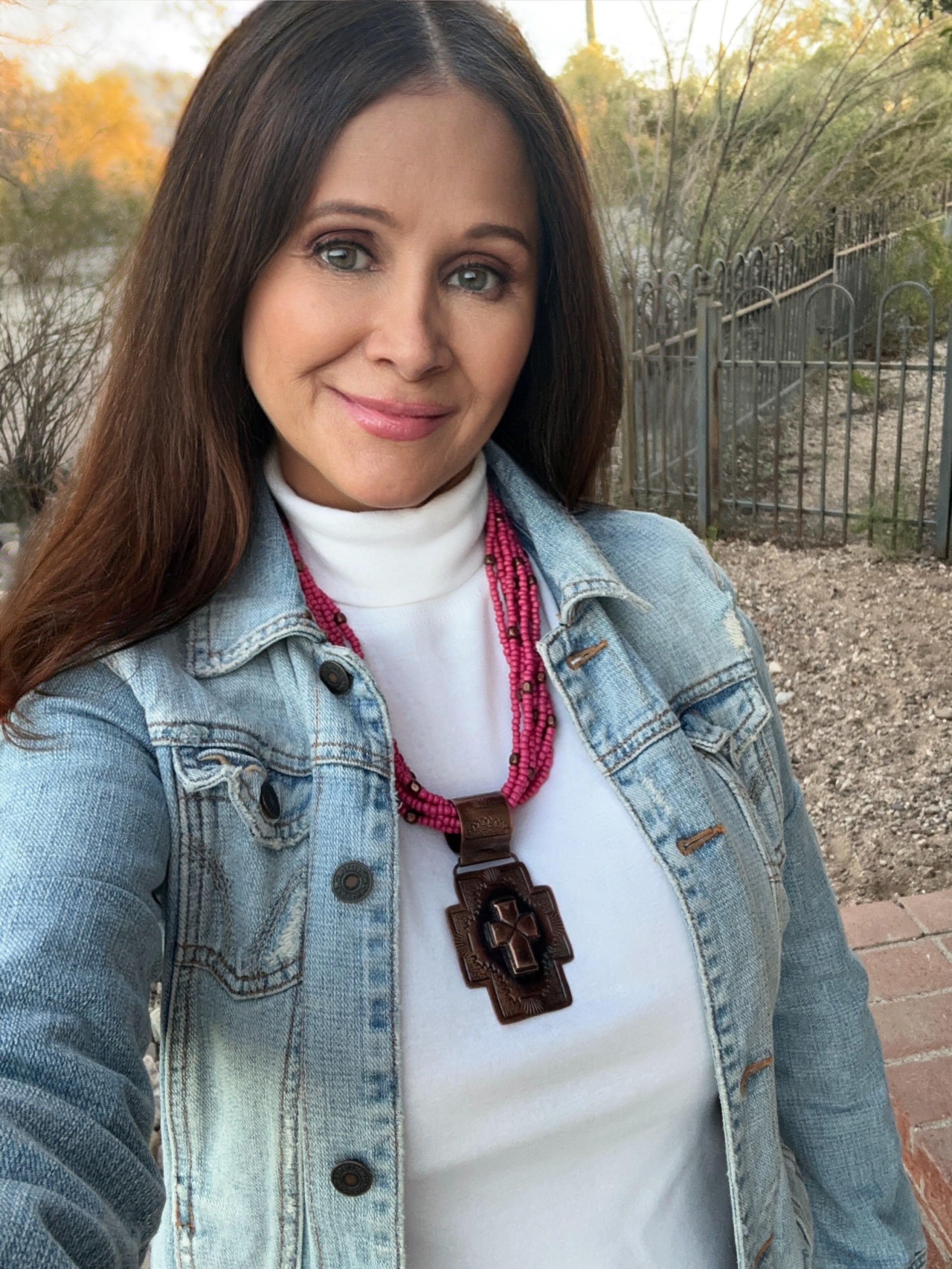 Copper Cross Pendant on Hot Pink Beaded Necklace