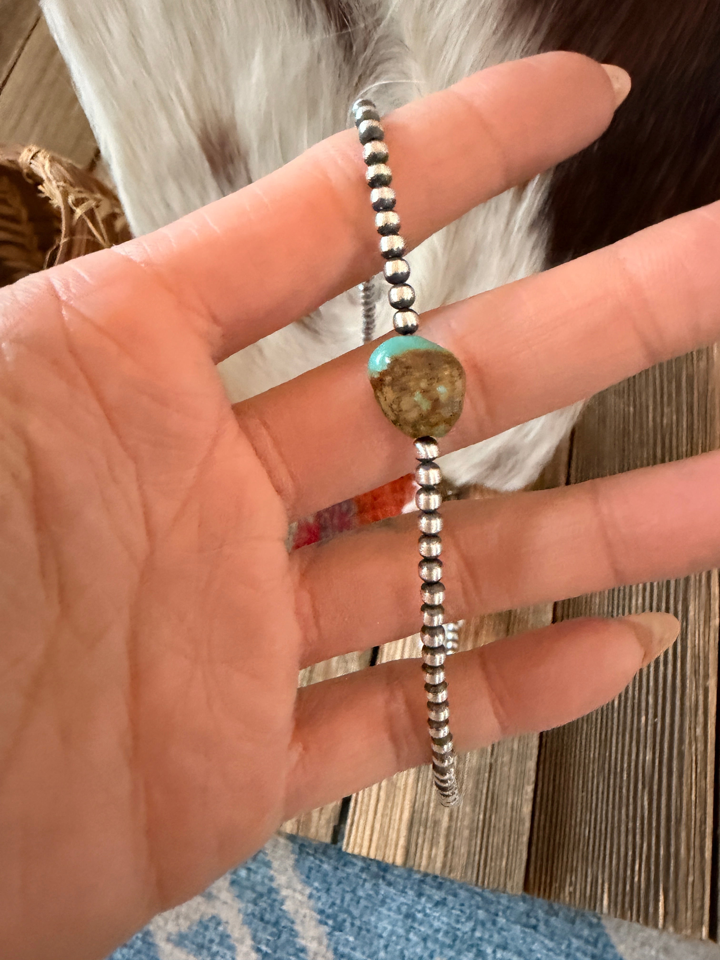 Handcrafted Turquoise & 3mm Sterling Silver Pearl Beaded Necklace