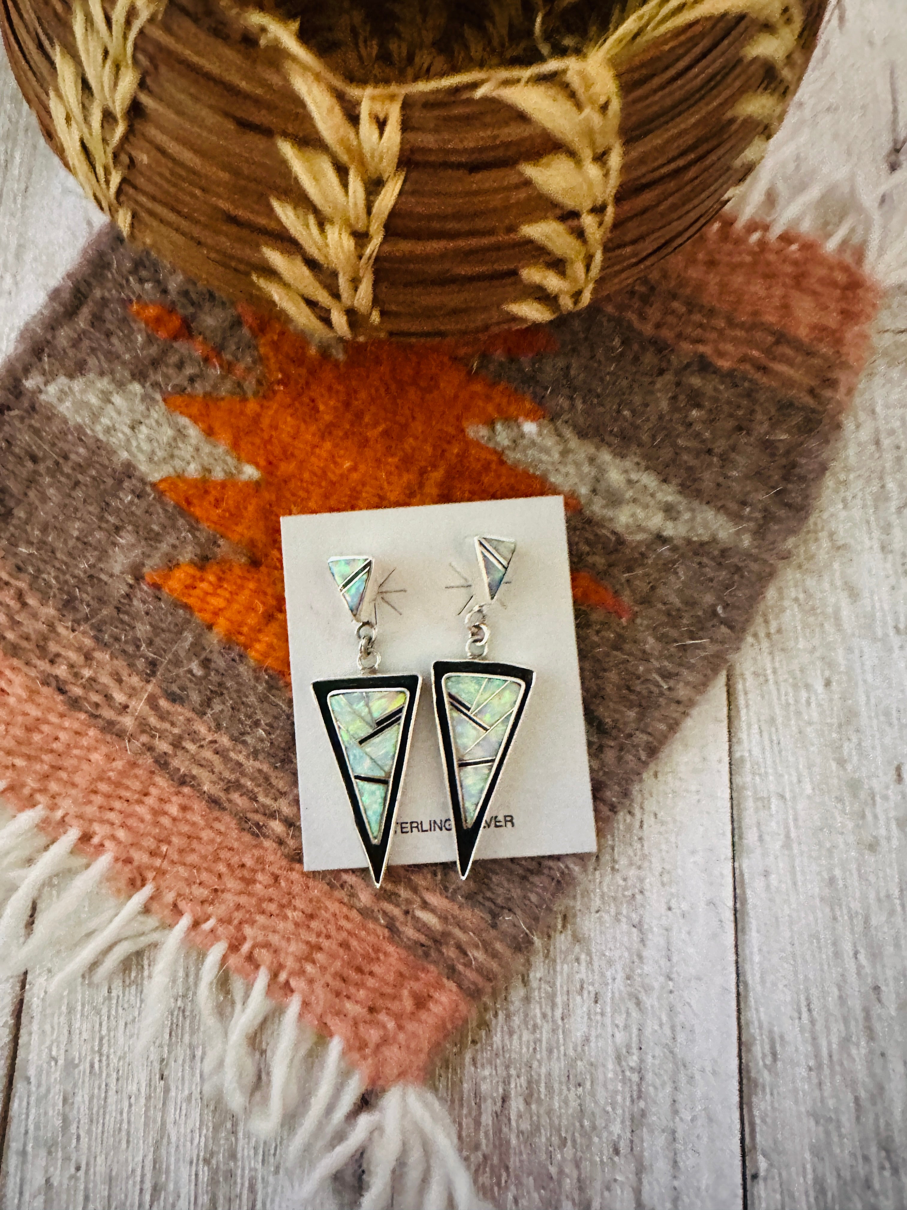 Handcrafted Opal & Sterling Silver Inlay Dangle Earrings
