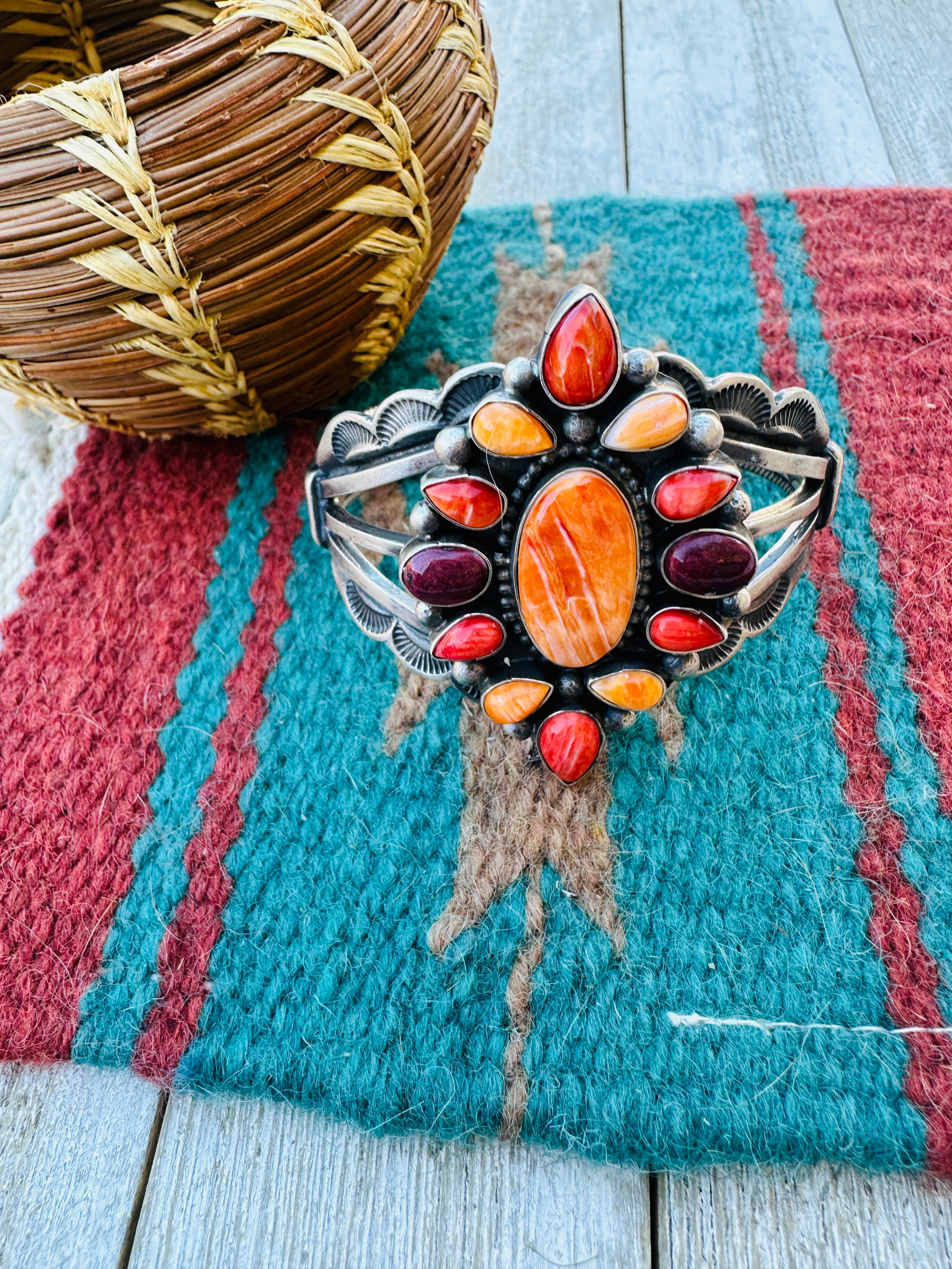 Handcrafted Sterling Silver & Spiny Oyster Cluster Cuff Bracelet