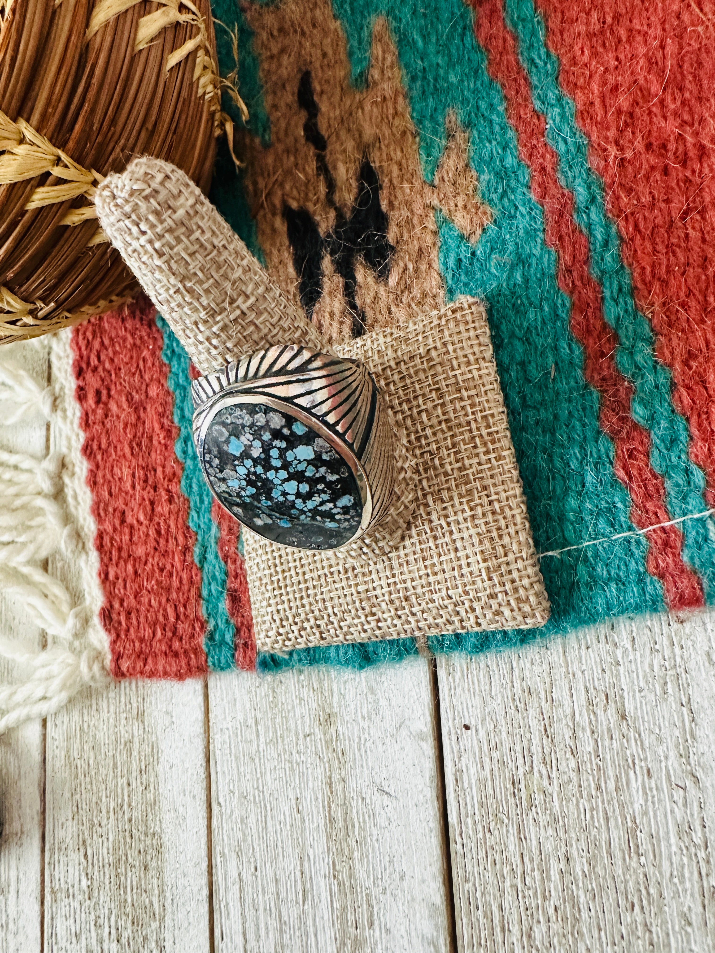 Old Pawn Navajo Sterling Silver & Kingman Web Turquoise Men’s Ring Size 10