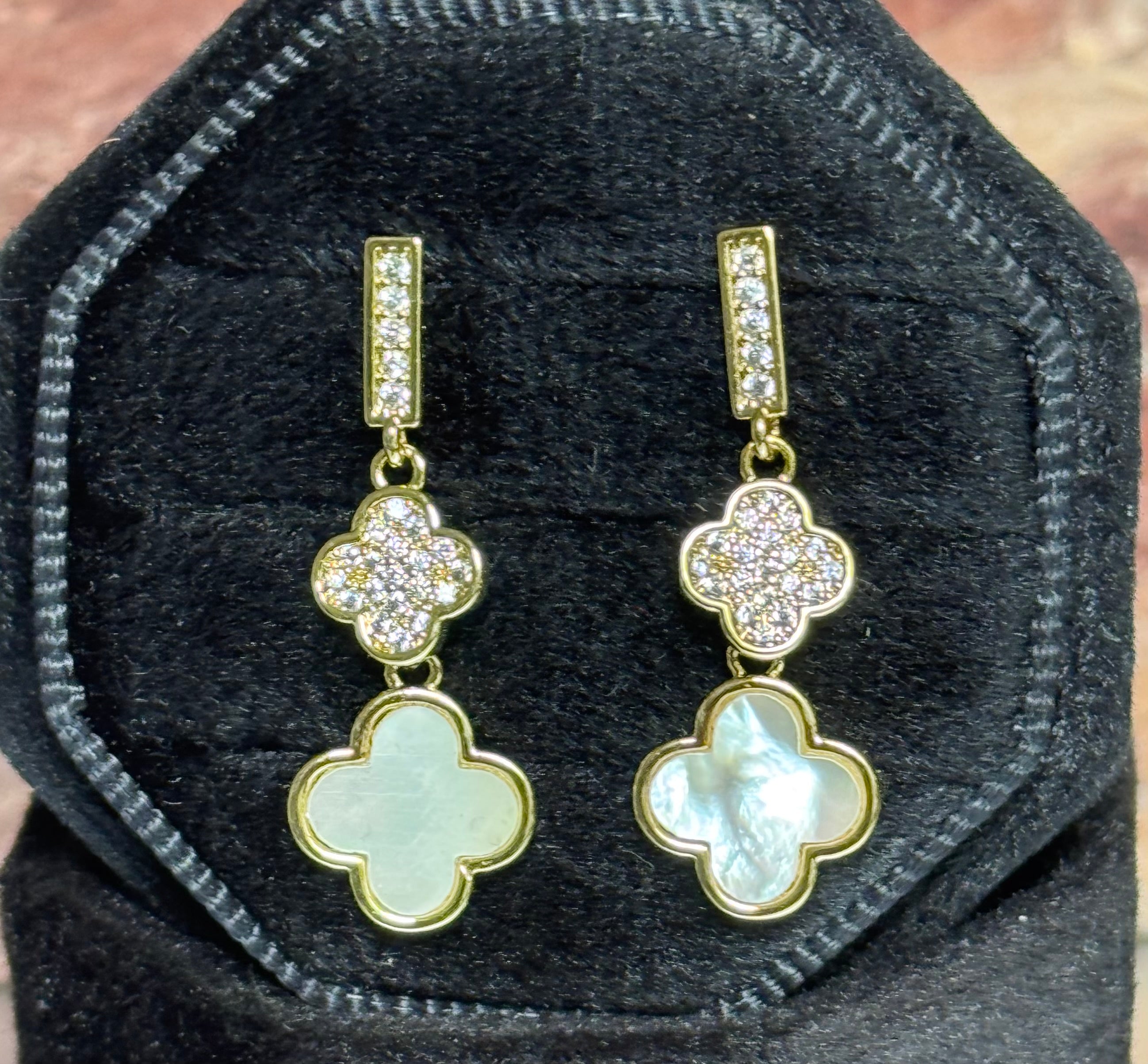 14k Gold Plated CZ Clover Dangle Post Earrings