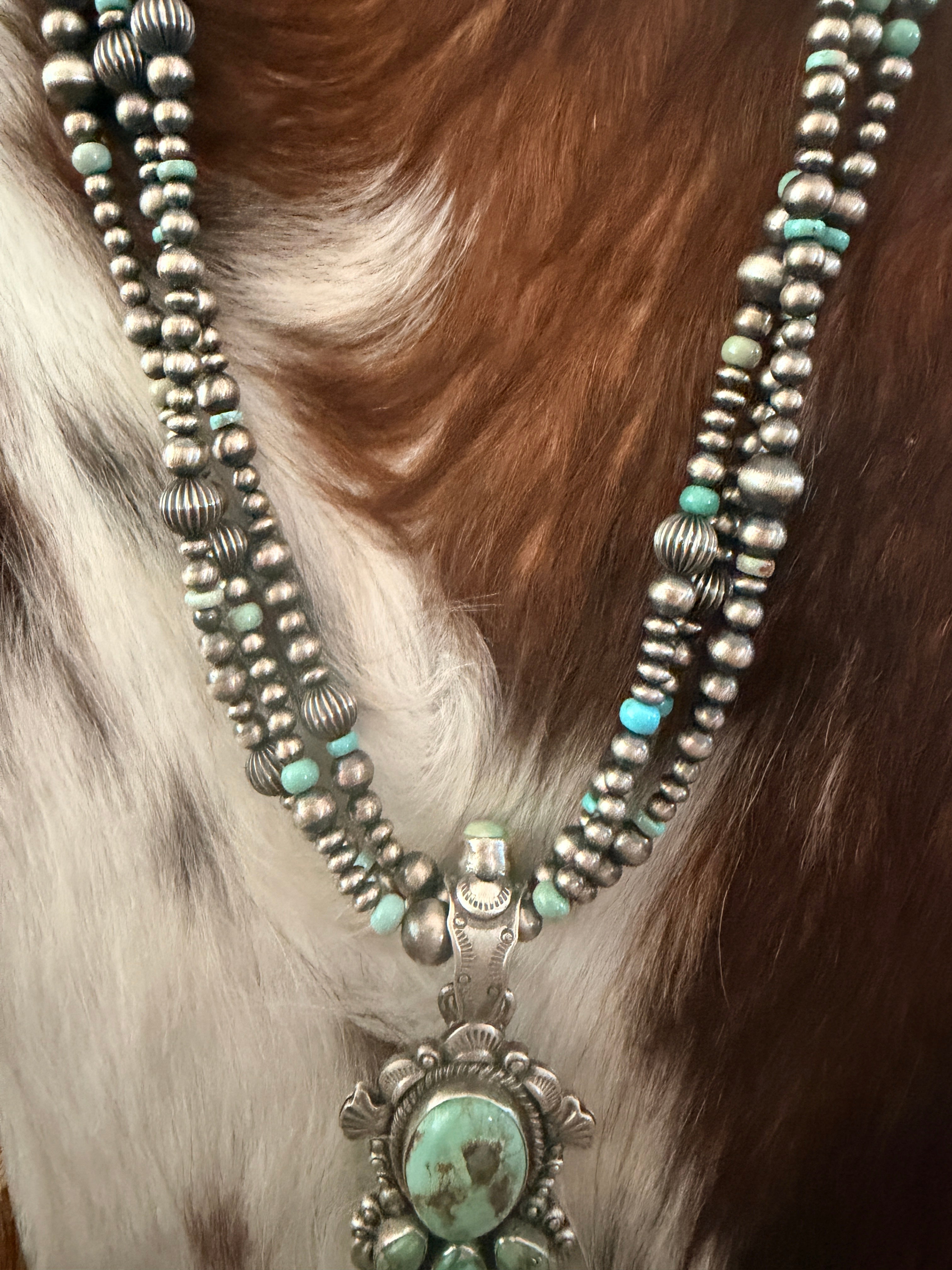 Handcrafted Sonoran Mountain Turquoise & Sterling Silver Beaded Necklace by Gilbert Tom