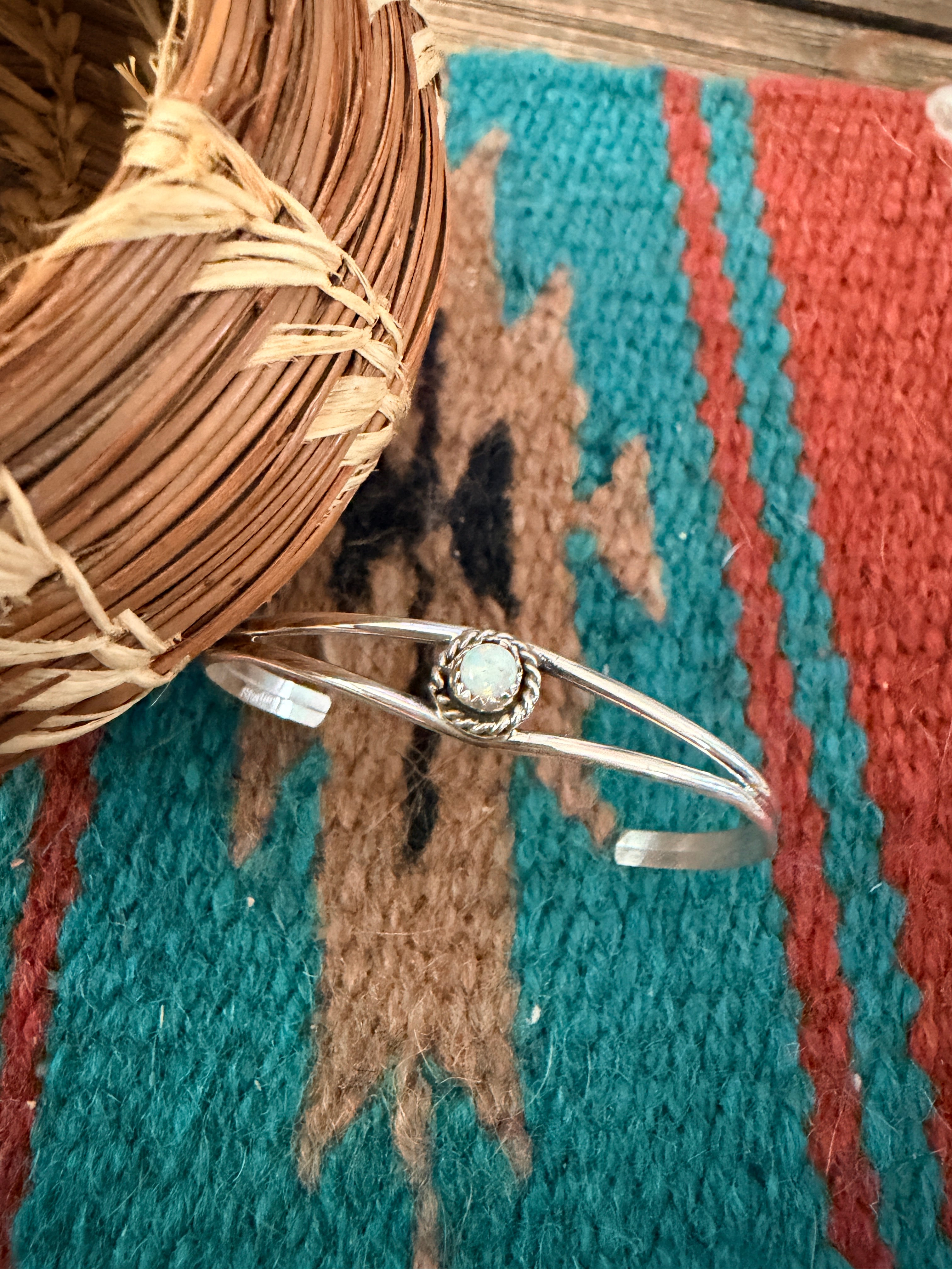 Handcrafted White Opal & Sterling Silver Baby Cuff Bracelet