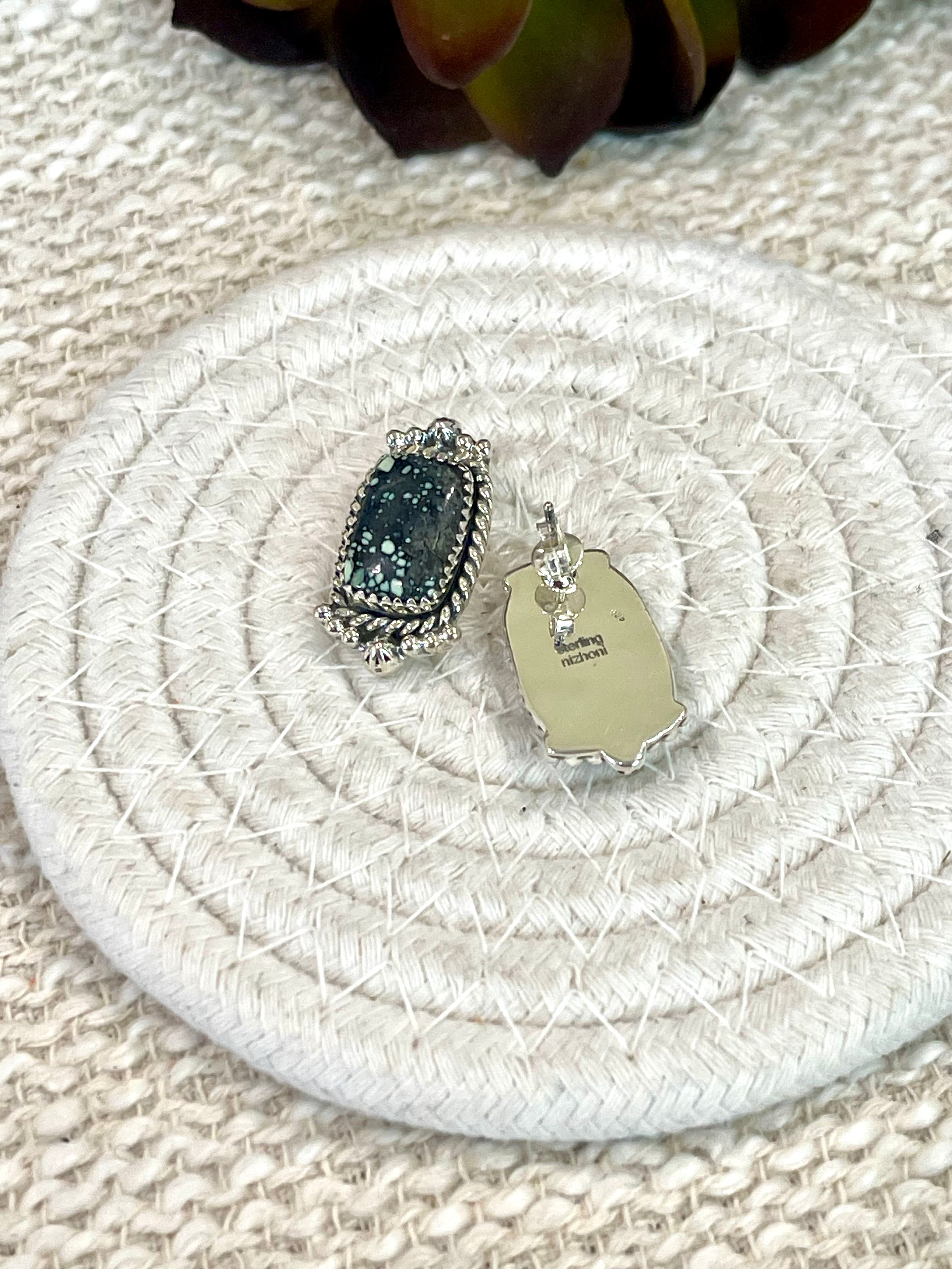 Handmade New Lander Turquoise and Sterling Silver Post Earring