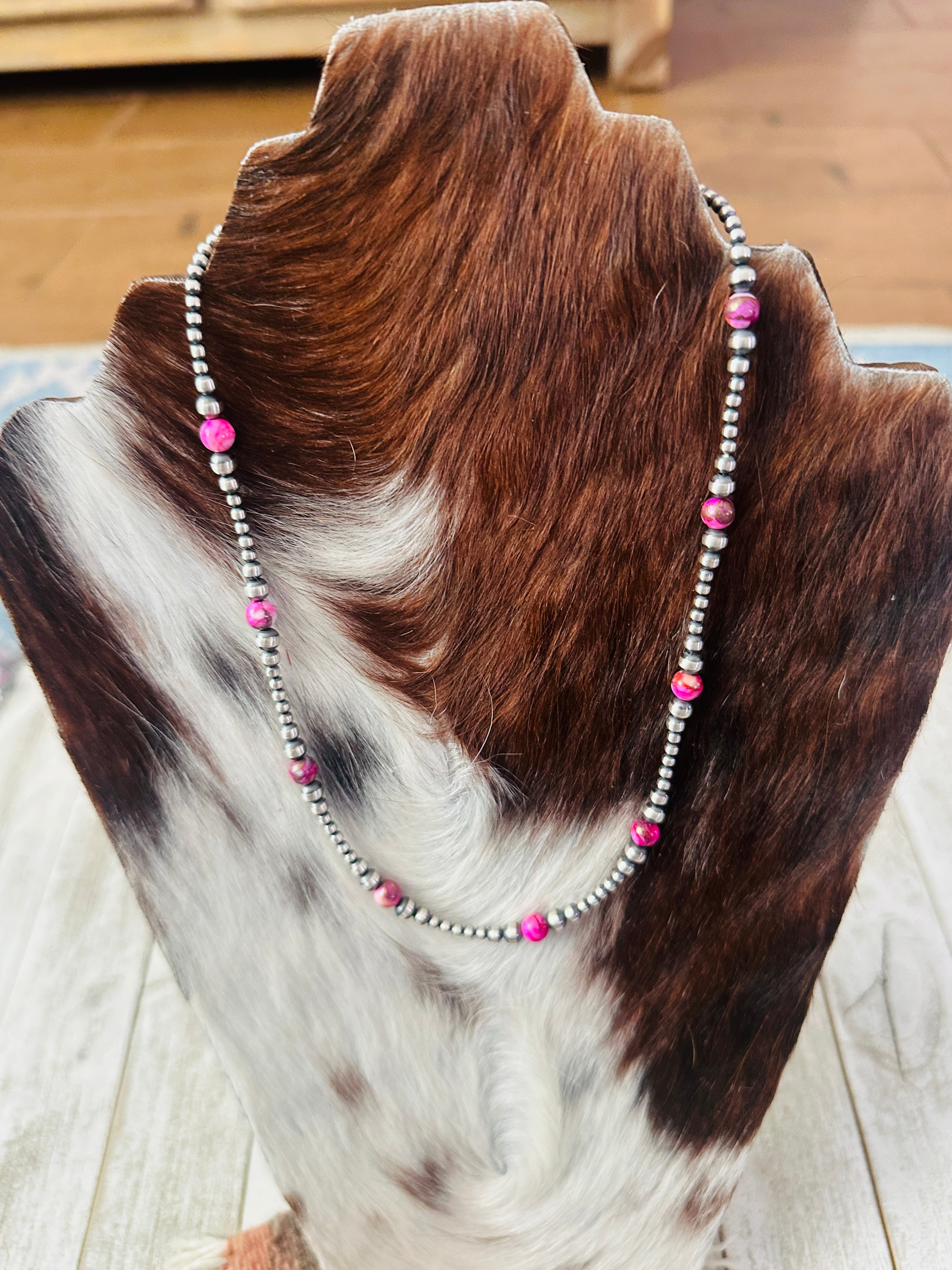 Handcrafted Sterling Silver & Pink Mojave 18” Beaded Necklace