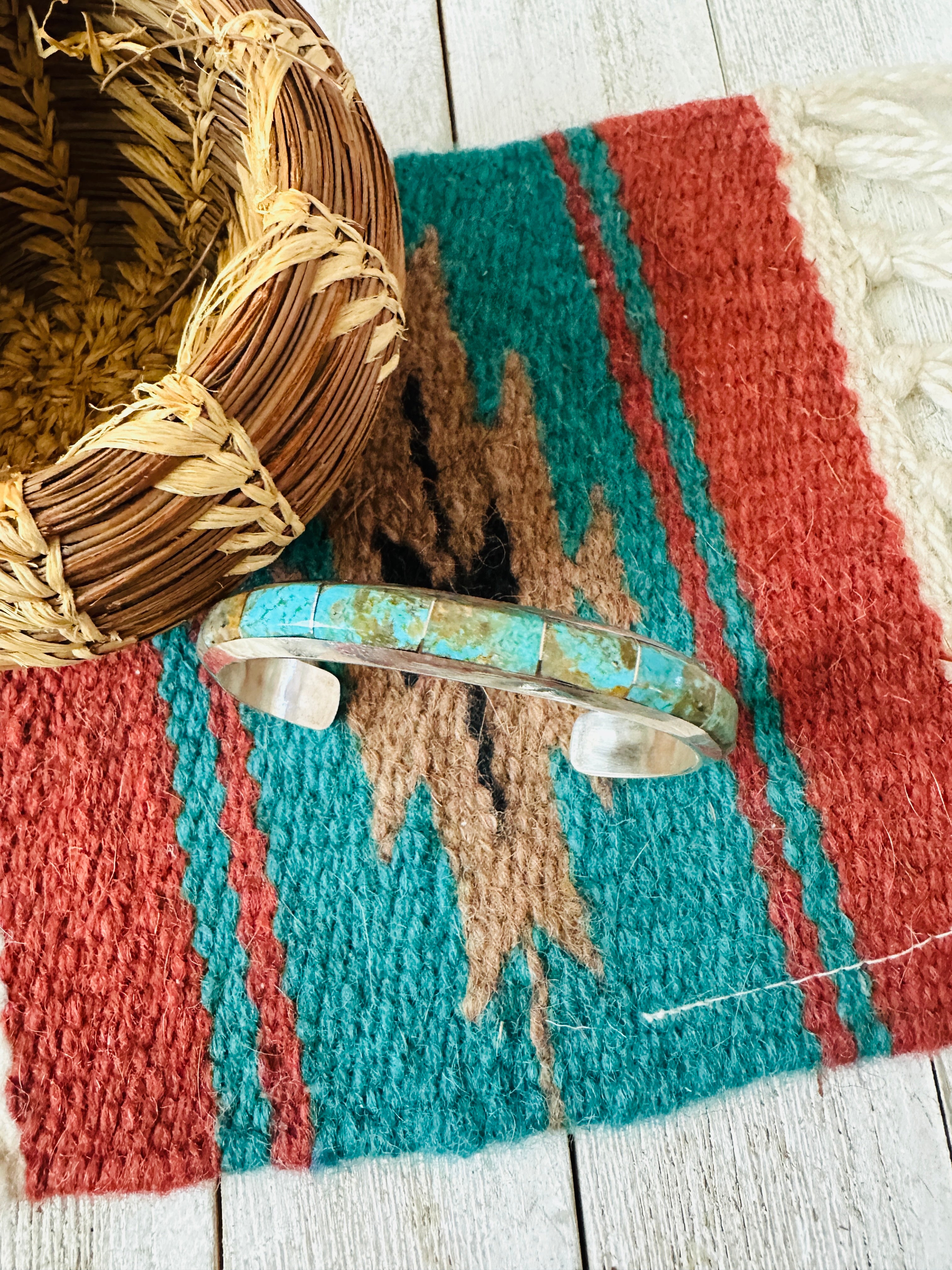 Handcrafted Number 8 Turquoise & Sterling Silver Inlay Cuff Bracelet