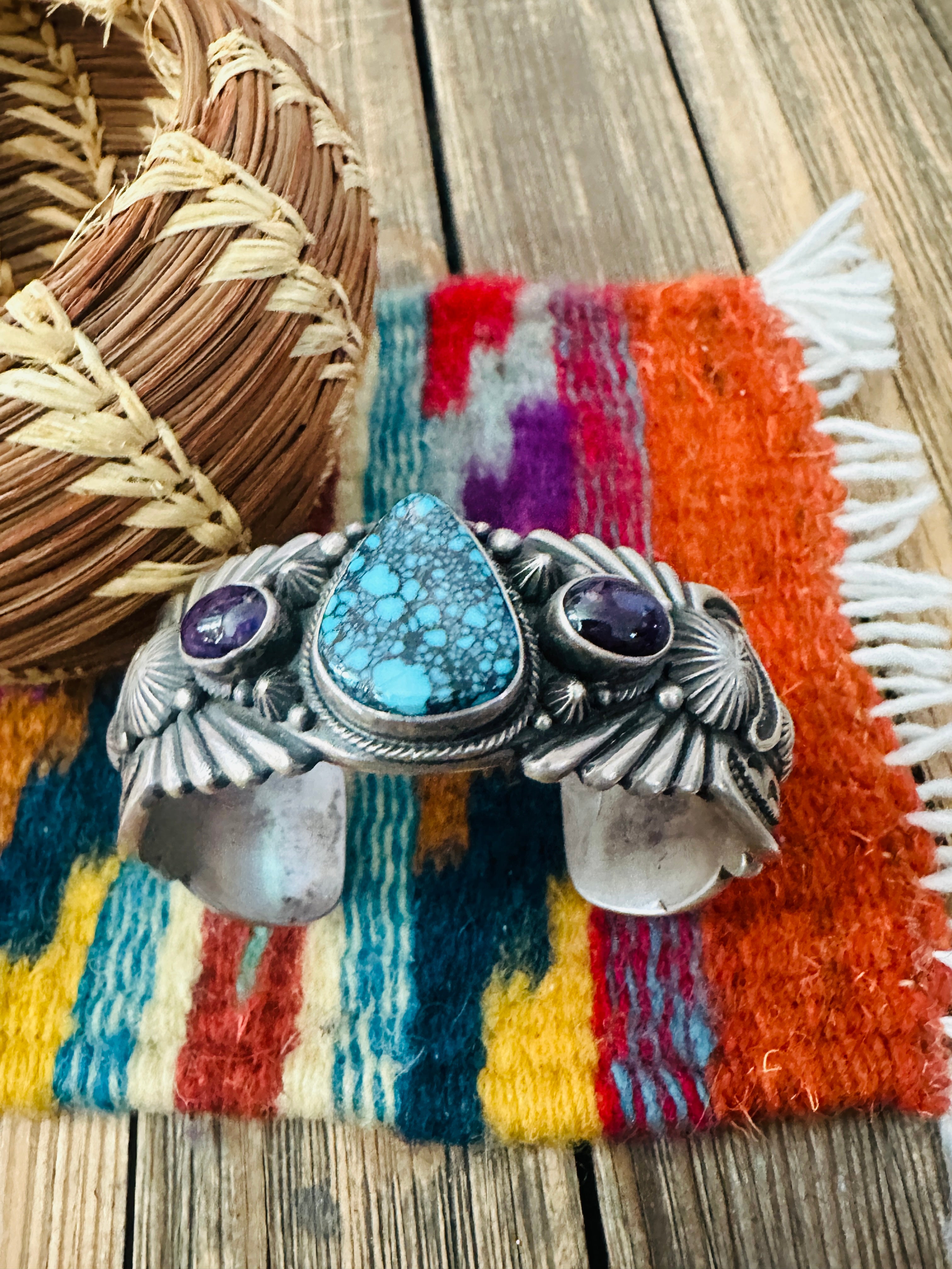 Handcrafted Turquoise, Sugilite & Sterling Silver Cuff Bracelet