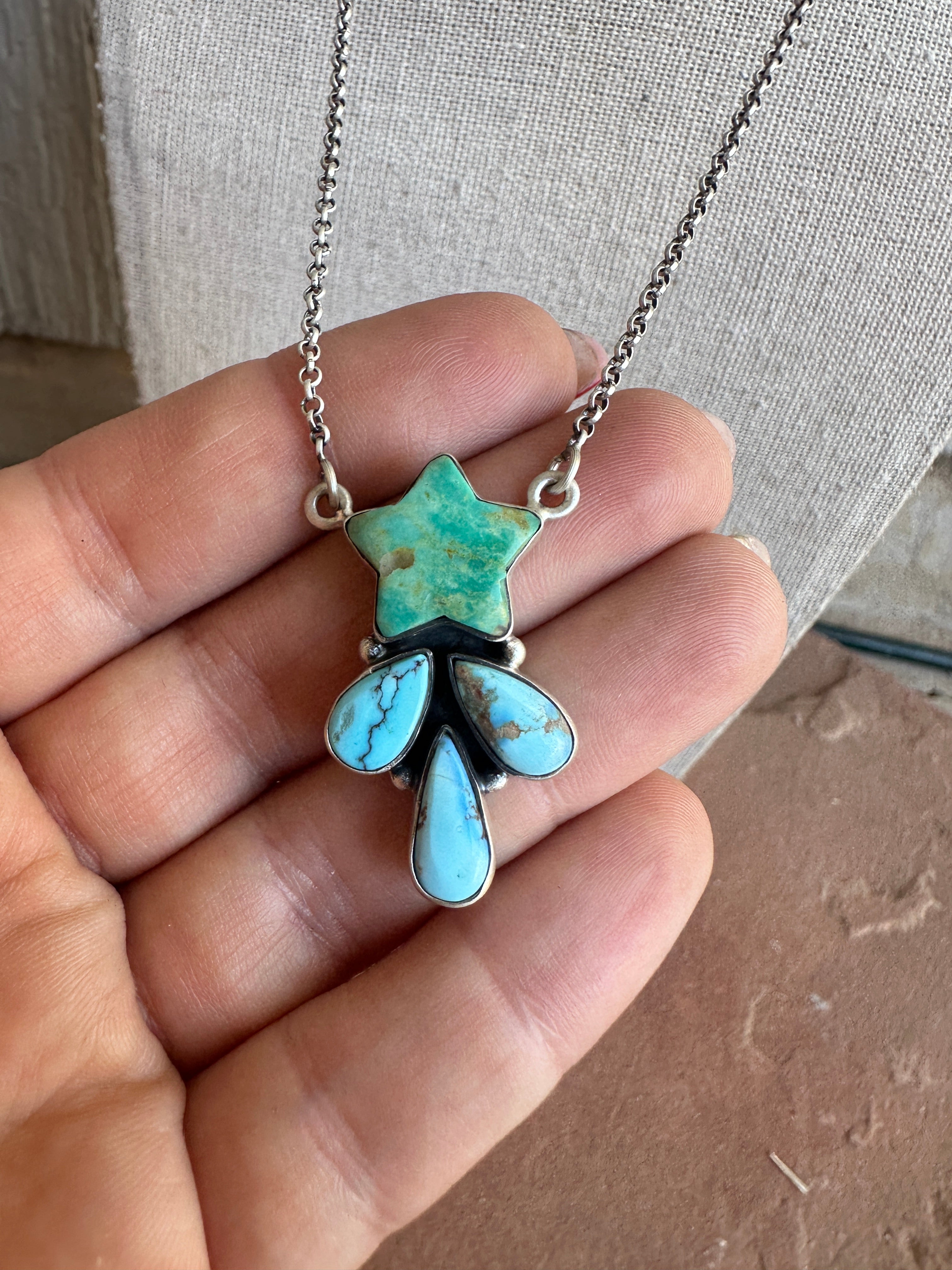 Handmade Sterling Silver, Turquoise & Golden Hills Turquoise STAR Necklace Signed Nizhoni