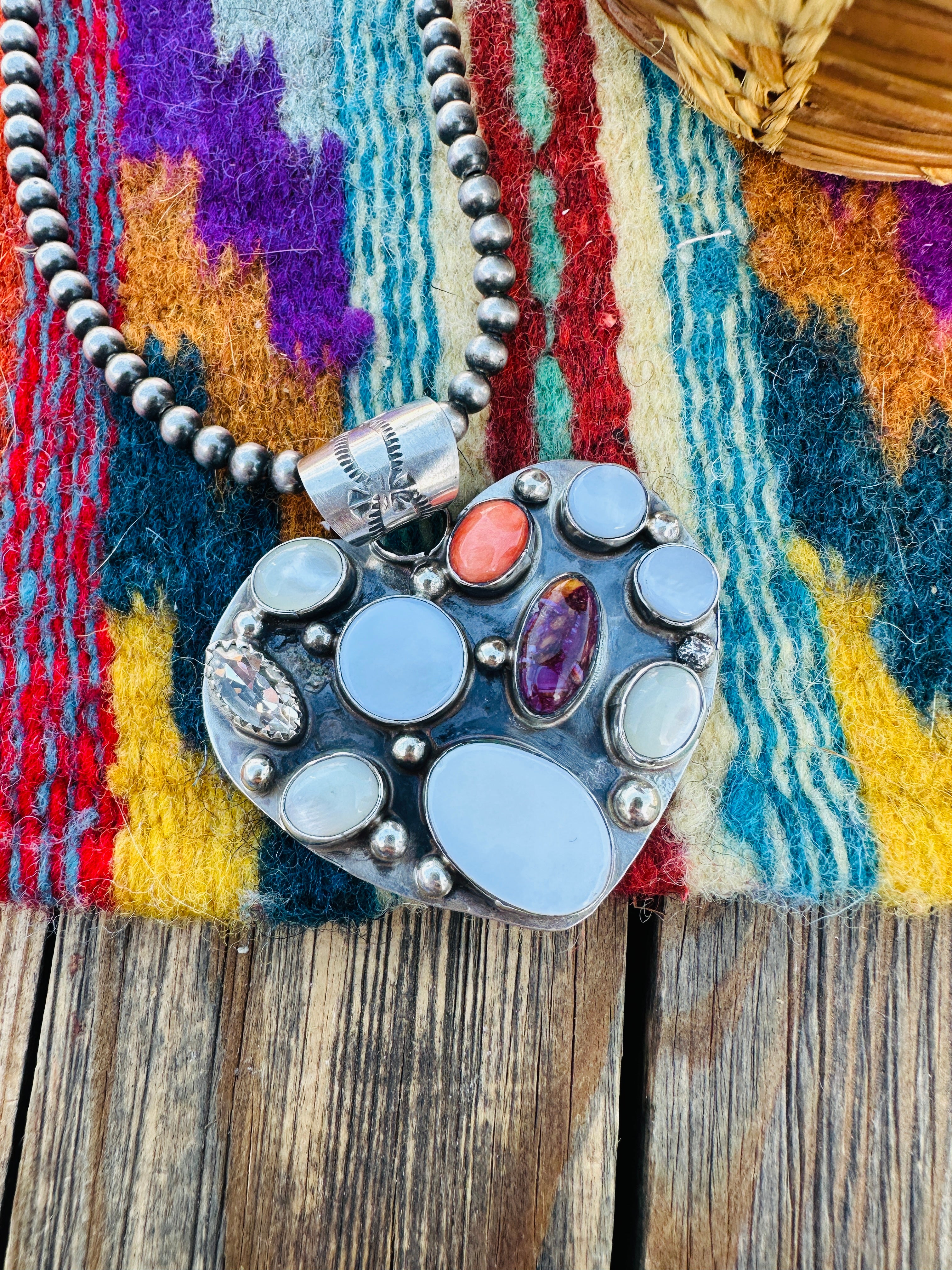 Handcrafted Mother of Pearl, Spiny, CZ & Sterling Silver Heart Pendant by Jacqueline Silver