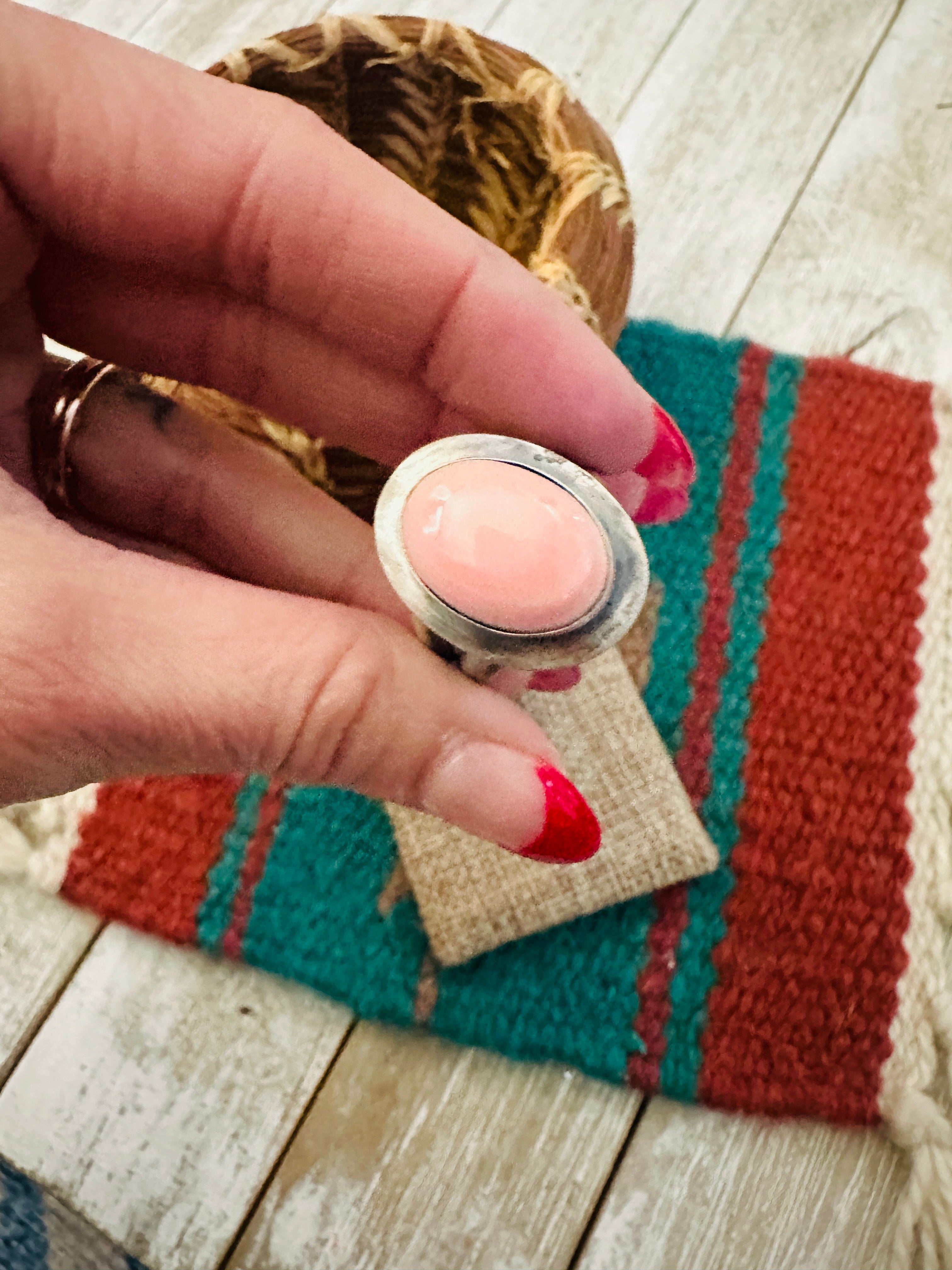 Handcrafted Queen Pink Conch & Sterling Silver Adjustable Ring