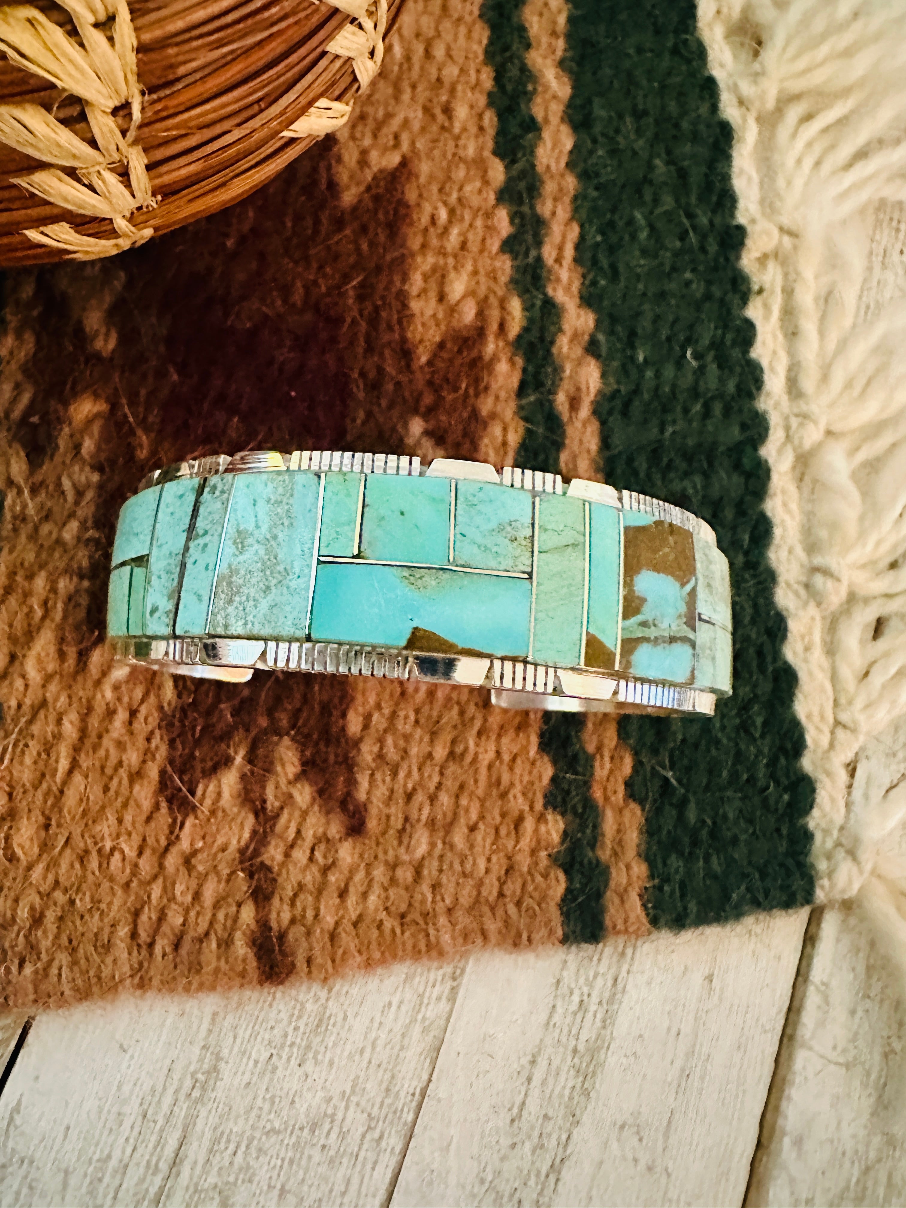 Navajo Number 8 Turquoise & Sterling Silver Inlay Cuff Bracelet /