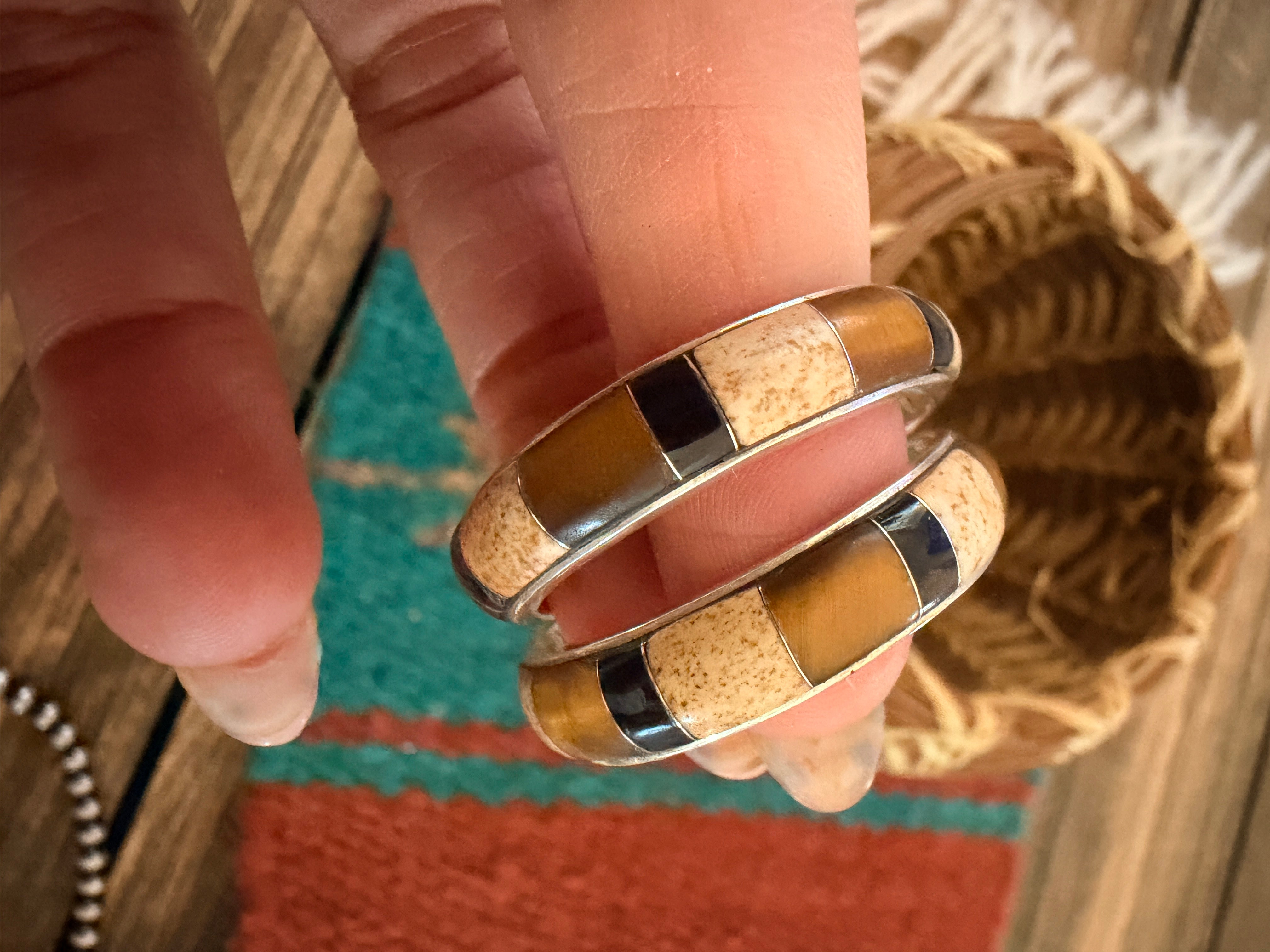 Old Pawn Handcrafted Sterling Silver & Multi Stone Inlay Hoop Earrings