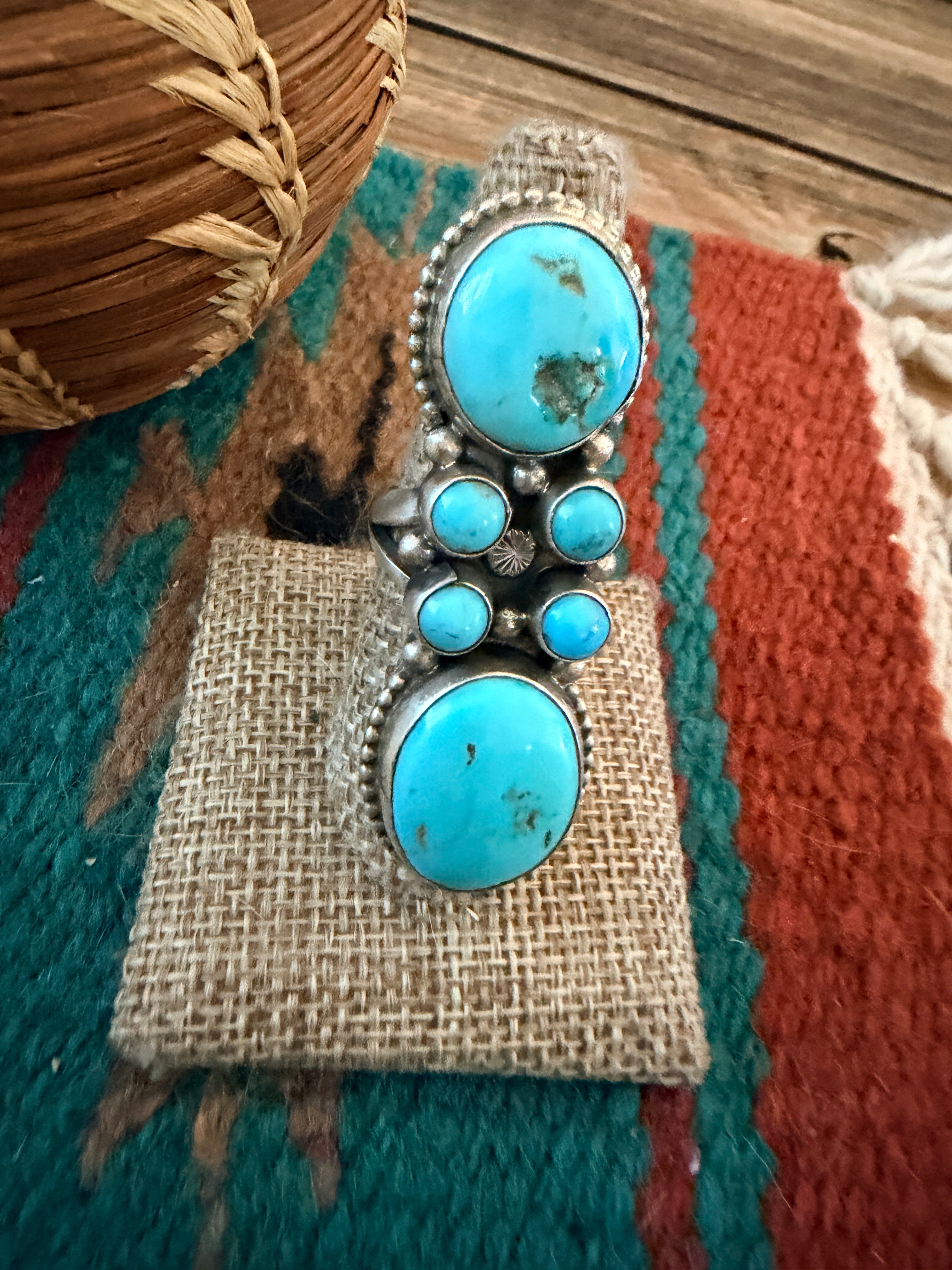 Handcrafted Kingman Turquoise & Sterling Silver Cluster Ring Size 8 by Sheila Becenti