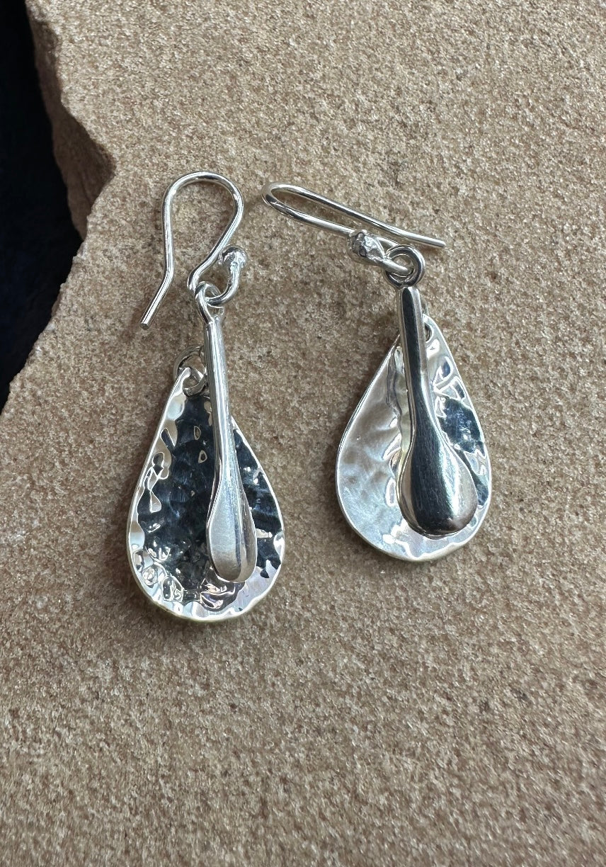 Hammered Teardrop Earrings w/ Spoon Dangle