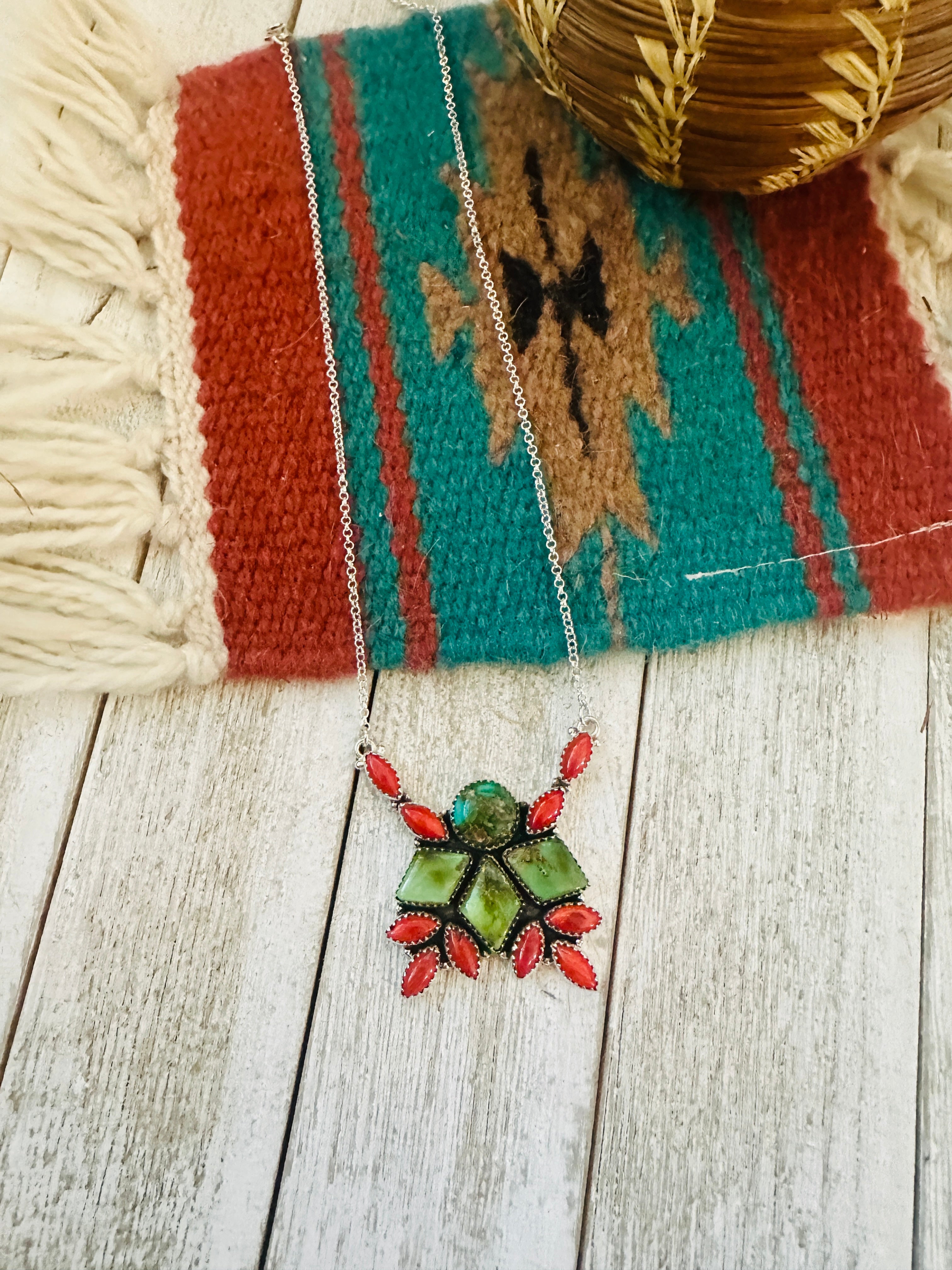 ** Christmas Collection ** Handmade Sterling Silver, Turquoise & Coral Necklace Signed Nizhoni
