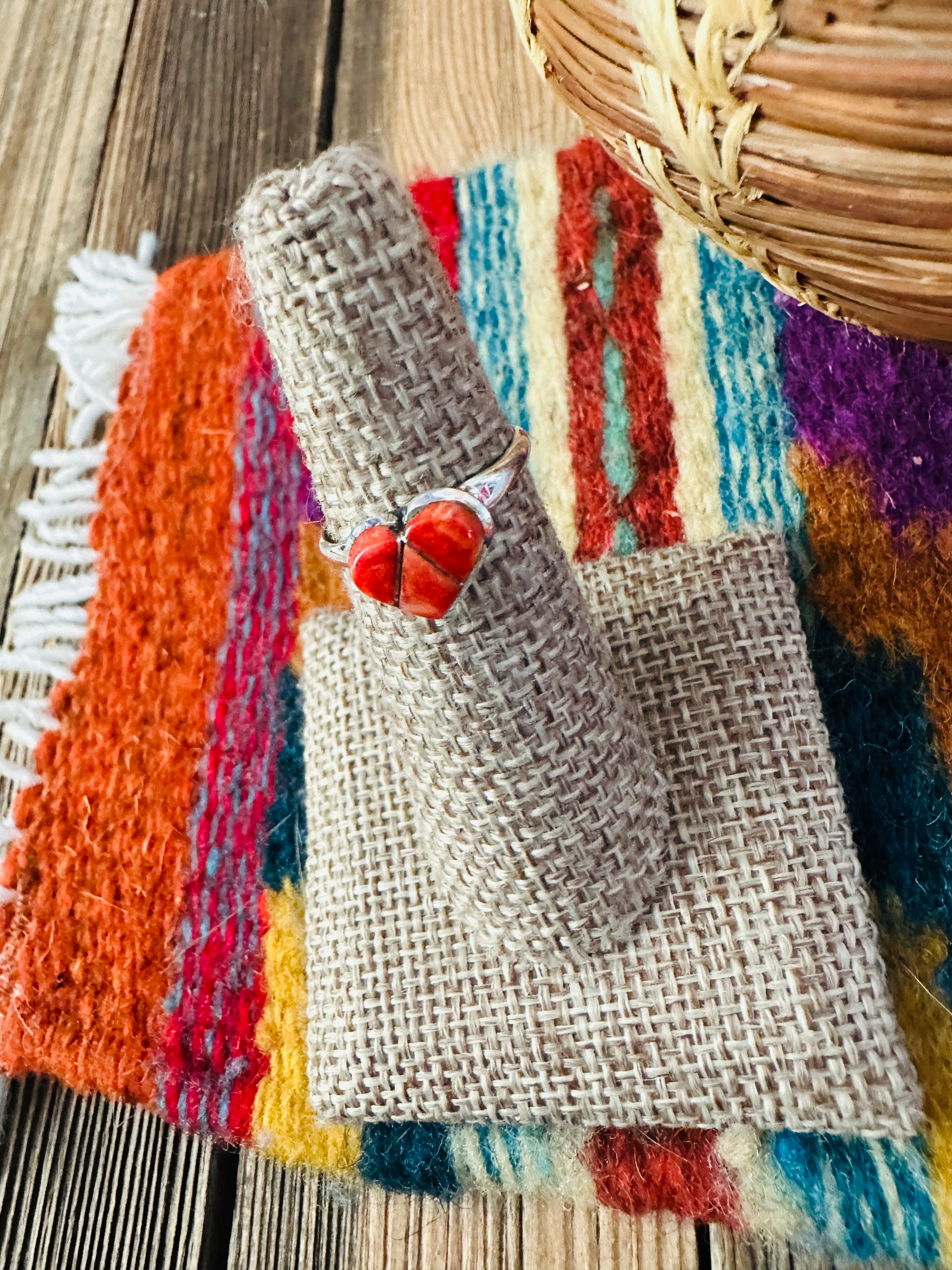 Handcrafted Spiny Oyster & Sterling Silver Inlay Heart Ring Size 6