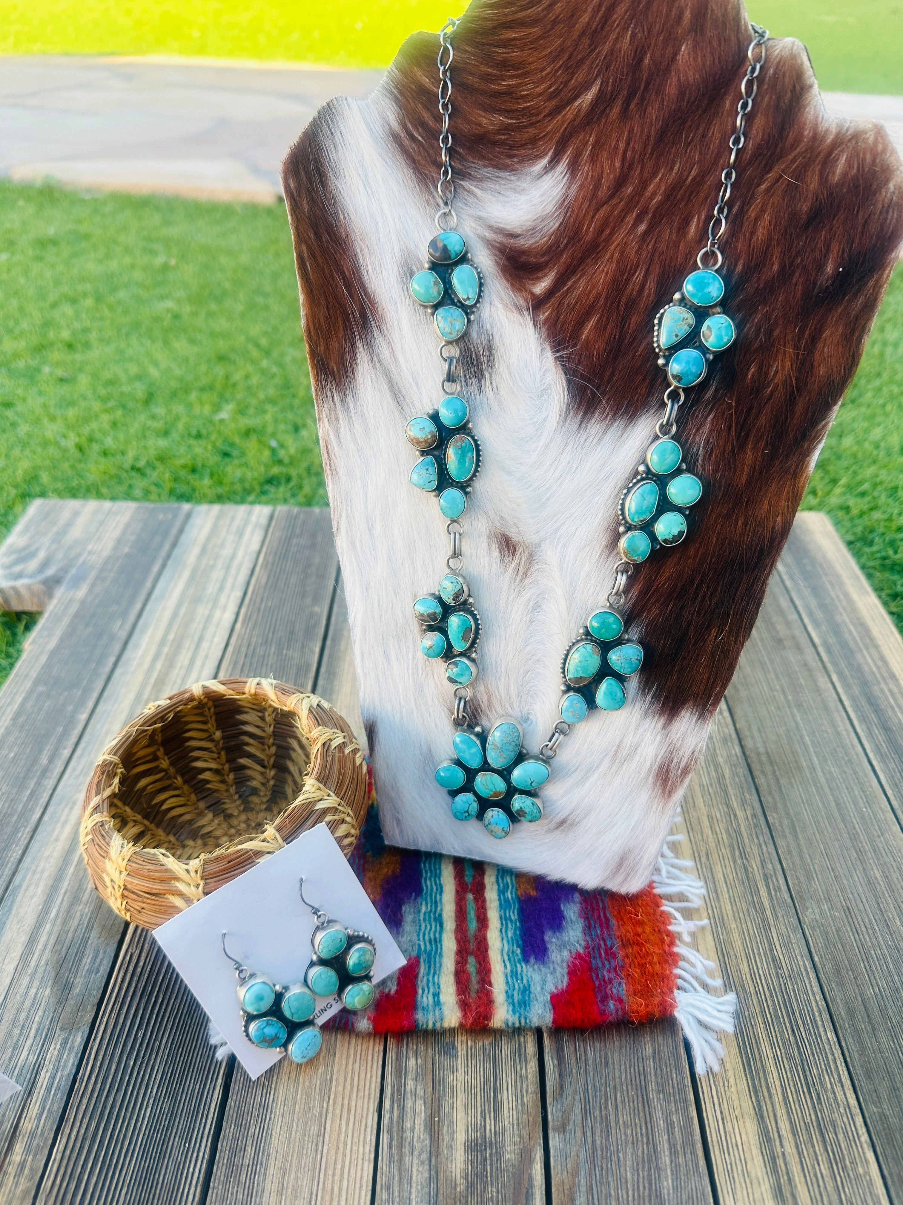 Handcrafted Turquoise & Sterling Silver Cluster Necklace and Earrings Set by Ella Peter