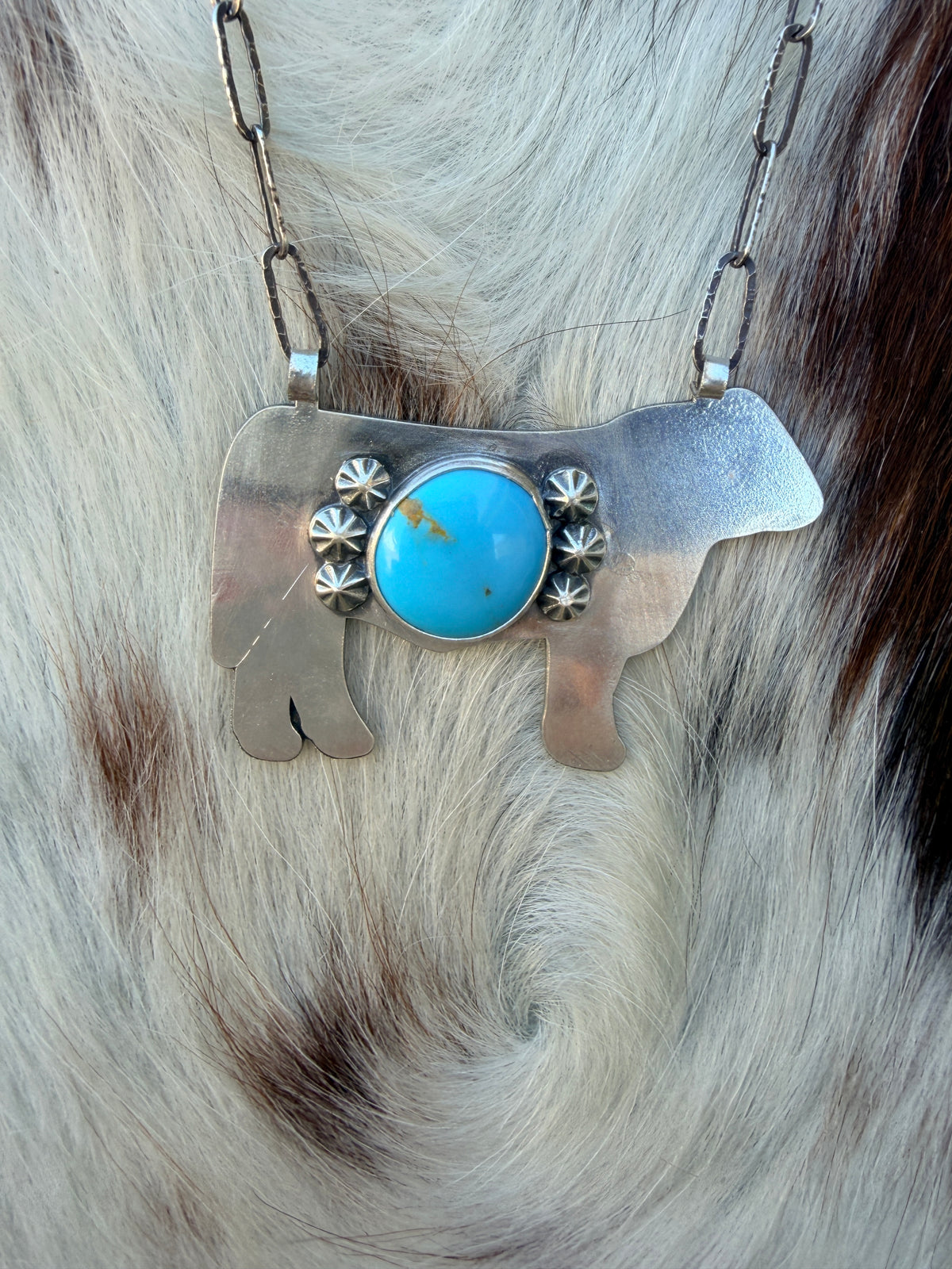 Handmade Sterling Silver & Turquoise Cow Necklace