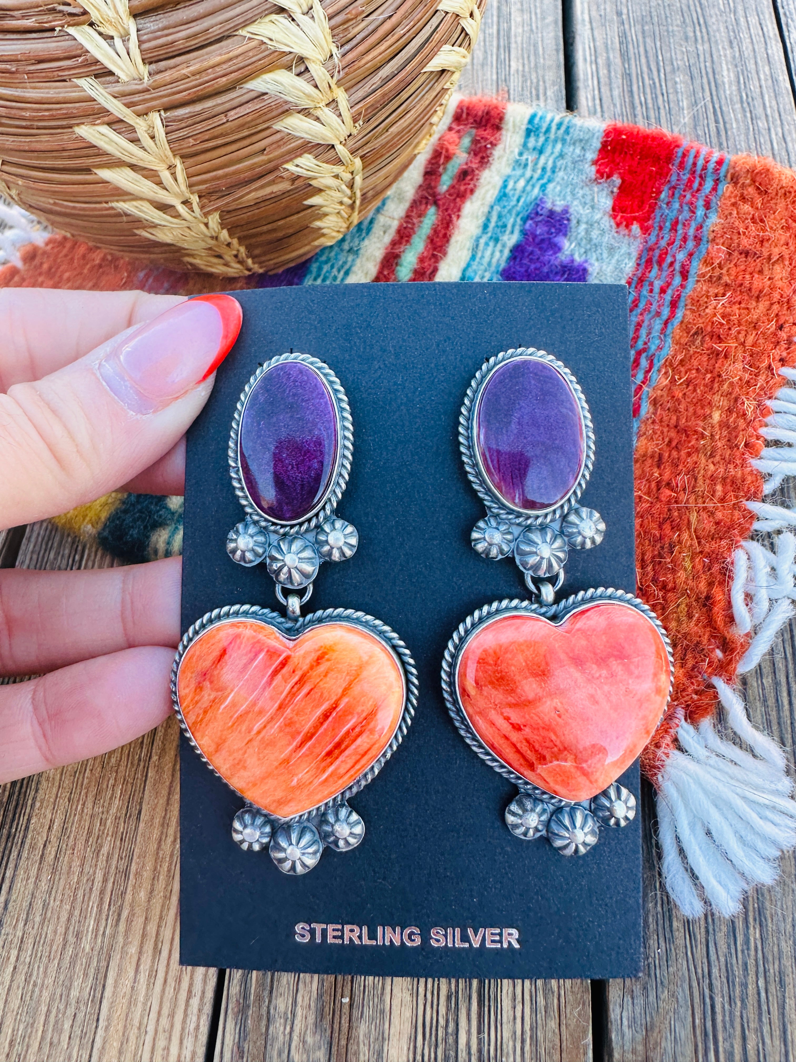 Handcrafted Spiny Oyster & Sterling Silver Heart Dangle Earrings by Kevin Billah