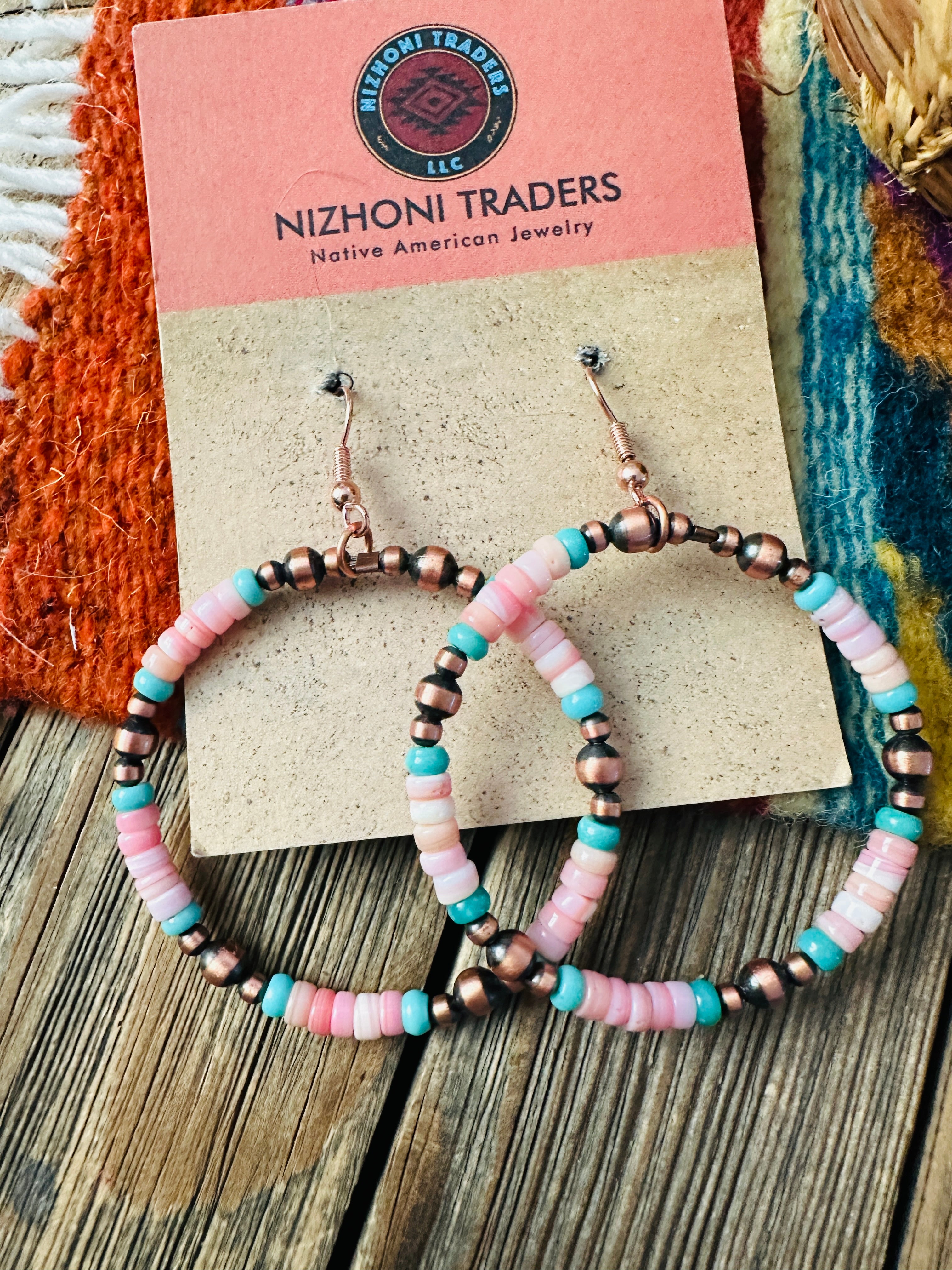 Handcrafted Queen Pink Conch, Turquoise & Copper Beaded Dangle Hoop Earrings