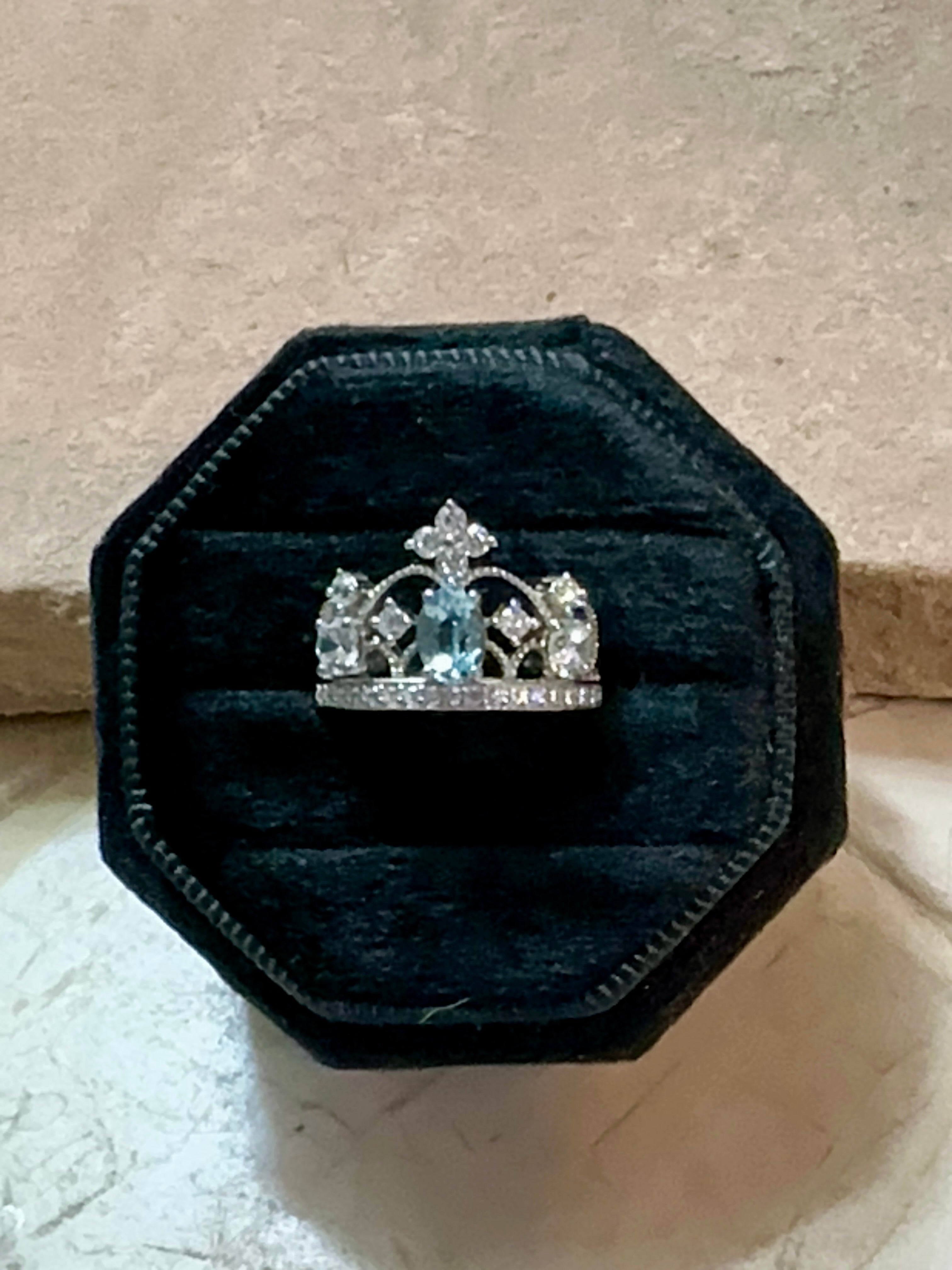 Aquamarine & CZ Oval Stone Crown Sterling Silver Ring Size 6