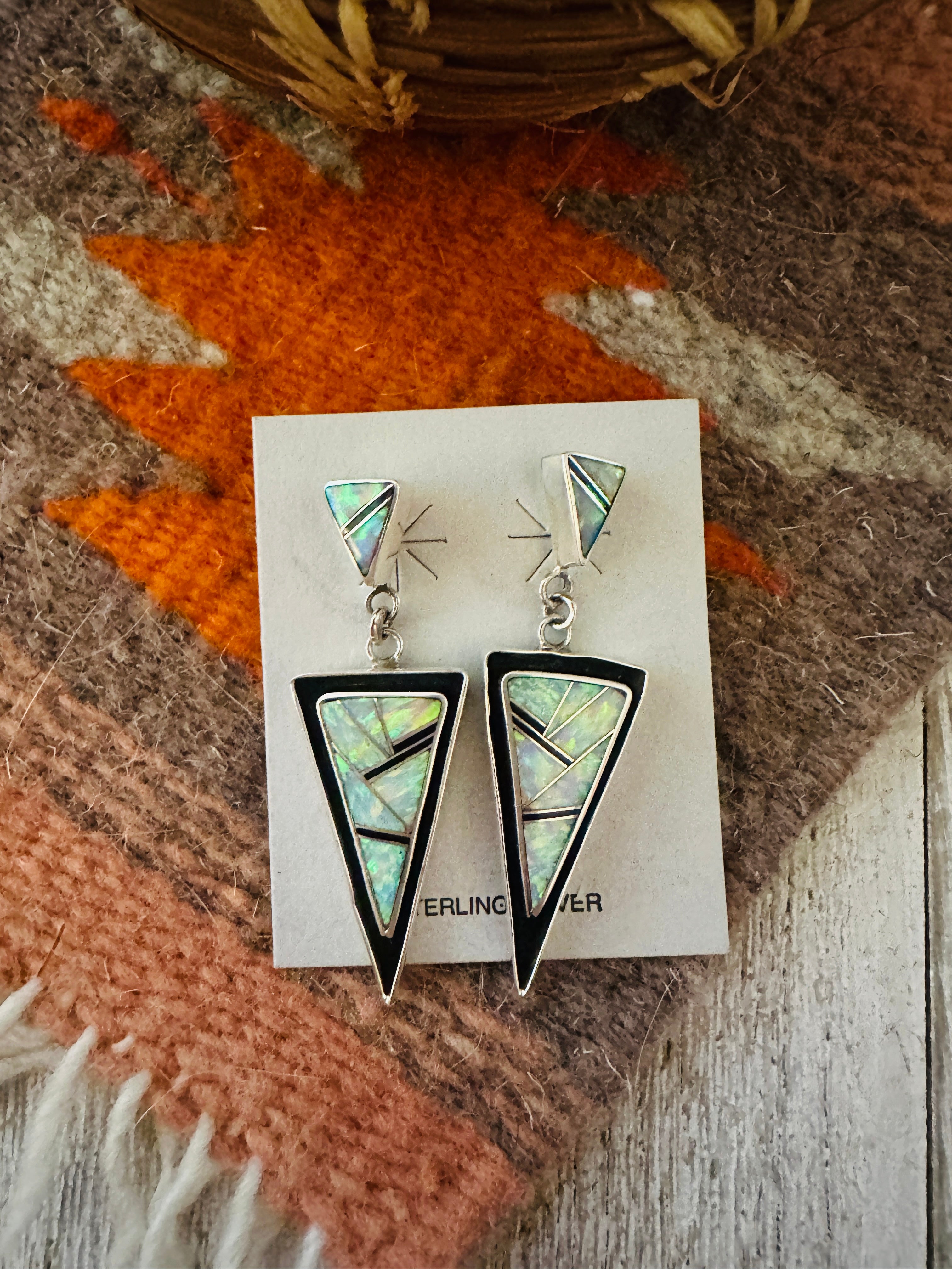 Handcrafted Opal & Sterling Silver Inlay Dangle Earrings
