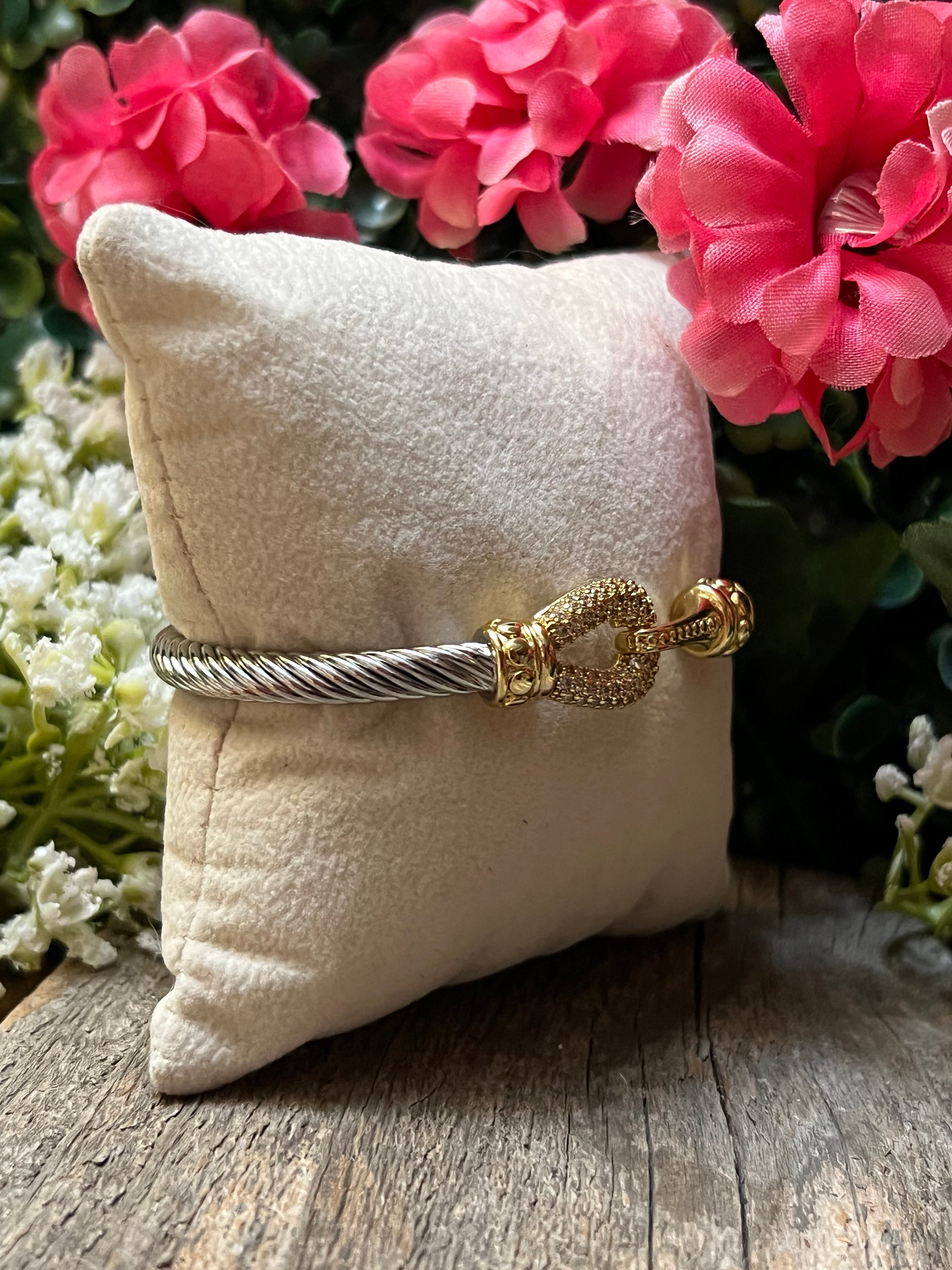 Silver & 14k Gold Plated Two Tone Cable Hook CZ Bangle Bracelet