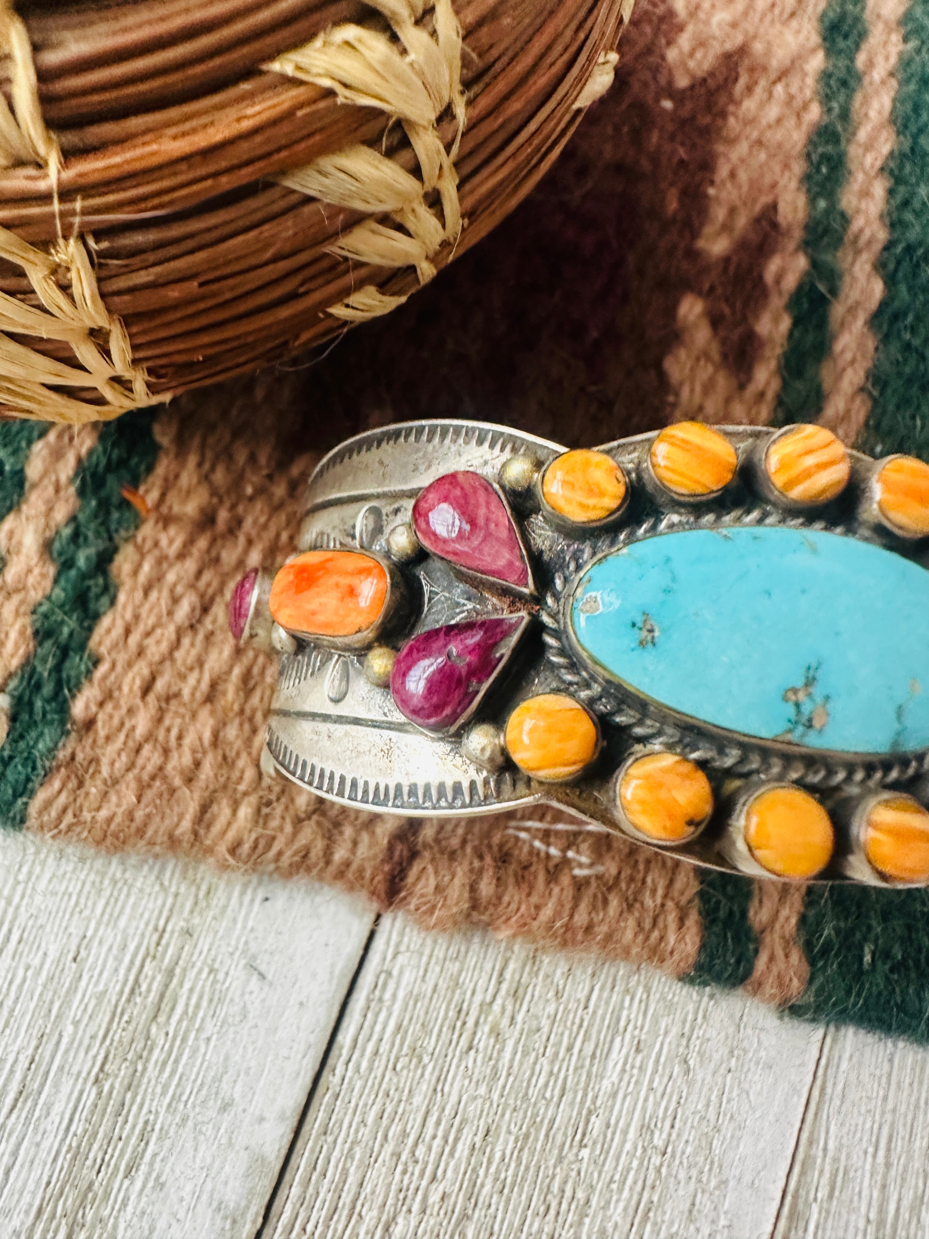 Handcrafted Old Pawn Turquoise, Spiny & Sterling Silver Cuff Bracelet /