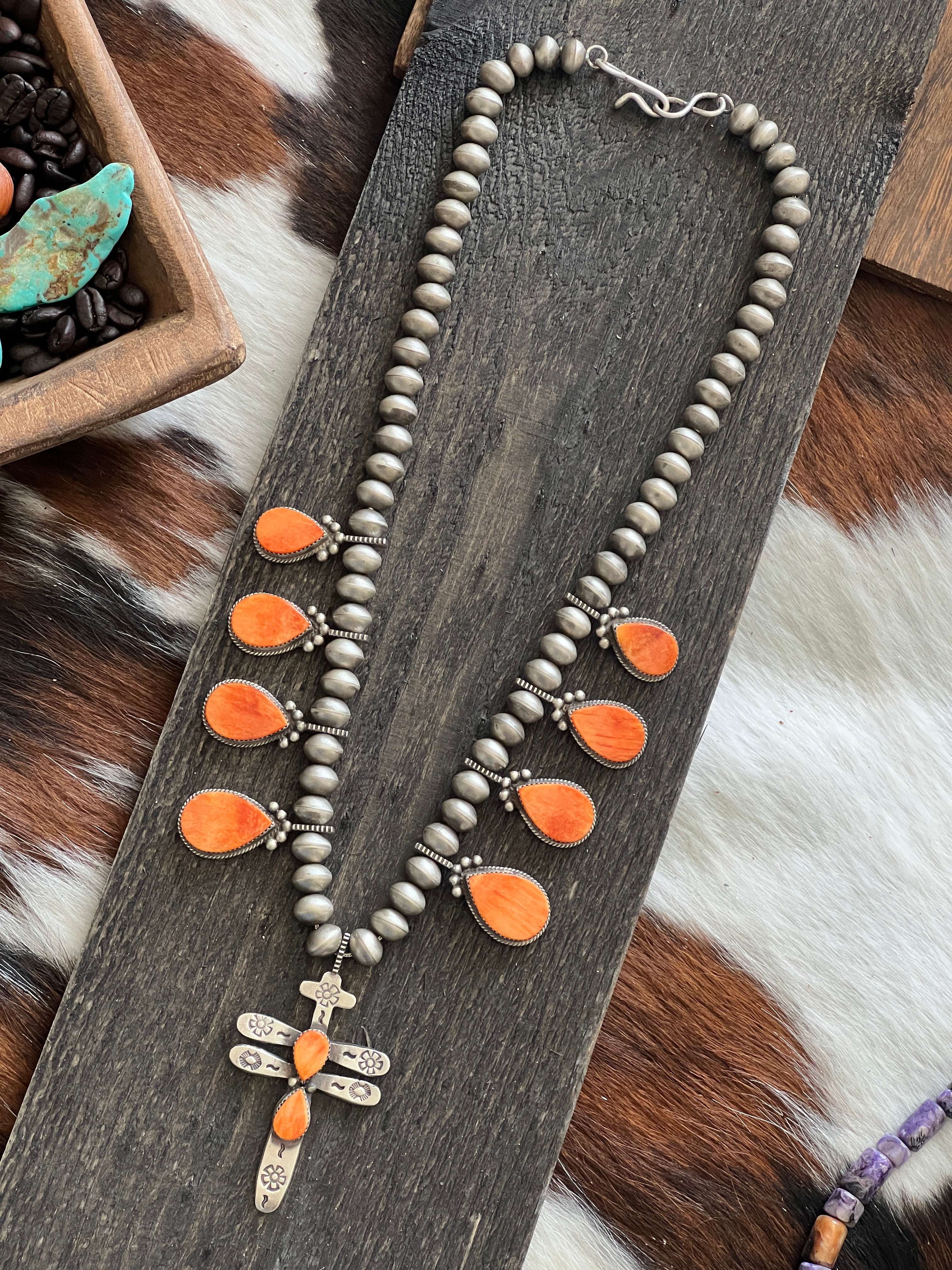 Handcrafted Sterling Silver And Orange Spiny Oyster Shell Dragonfly Bead Necklace by Selena Warner