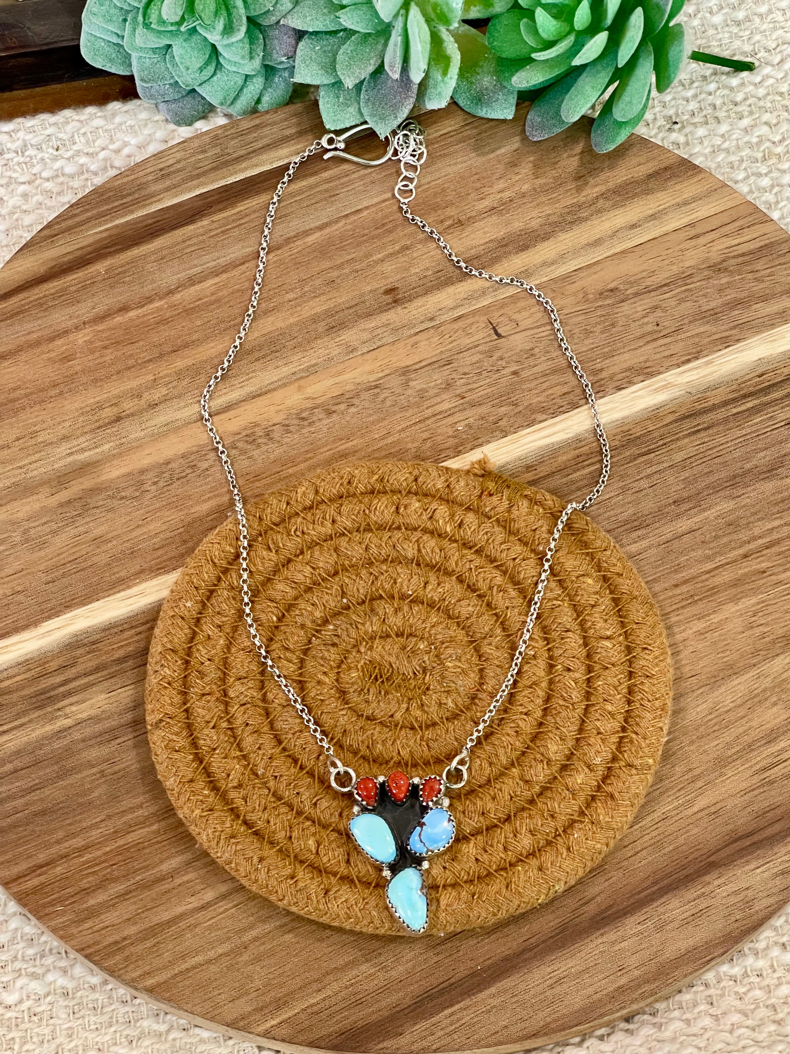 Handmade Sterling Silver, Golden Hills Turquoise & Coral Necklace Signed Nizhoni