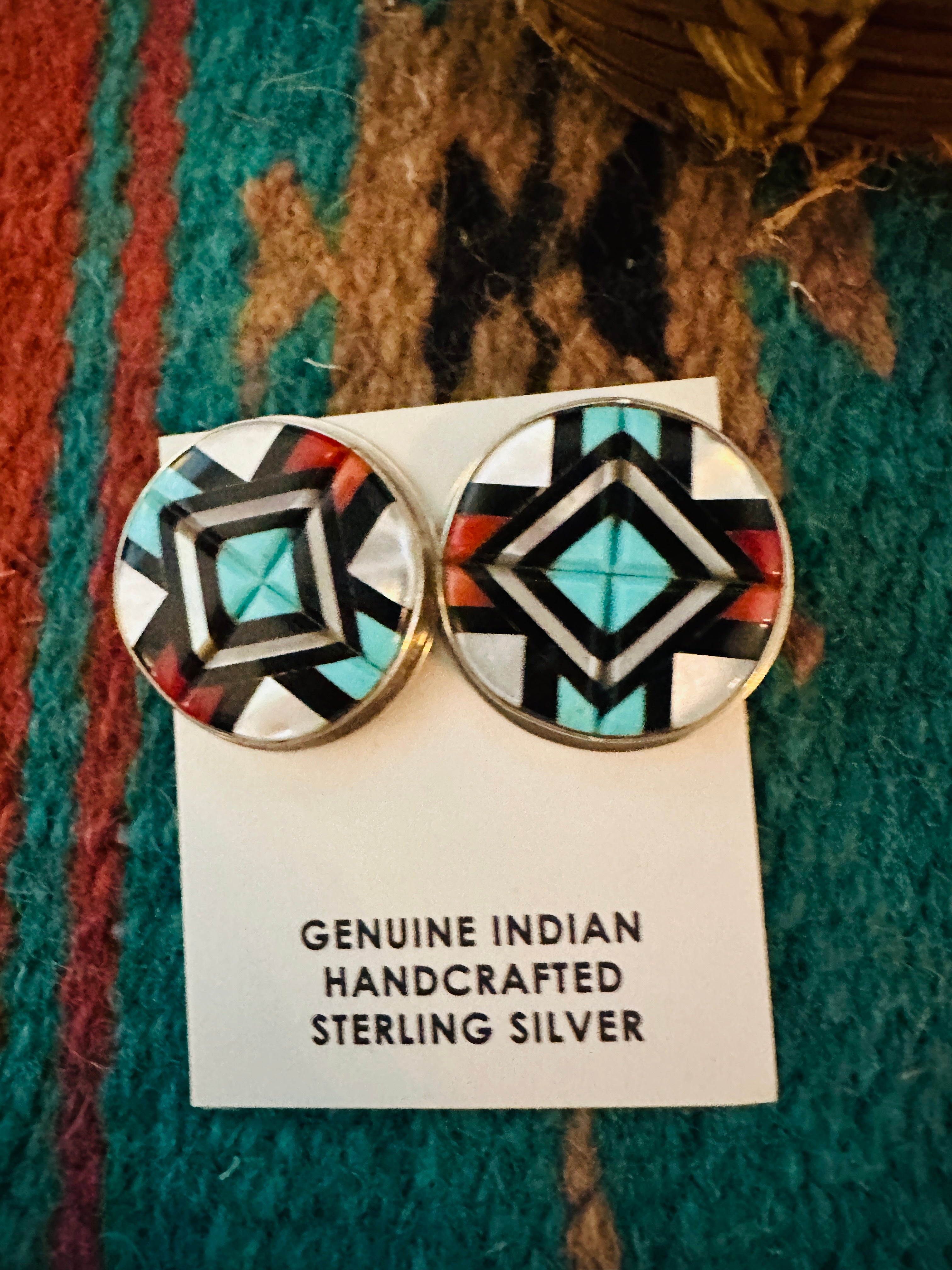 Zuni Multi Stone & Sterling Silver Inlay Post Earrings