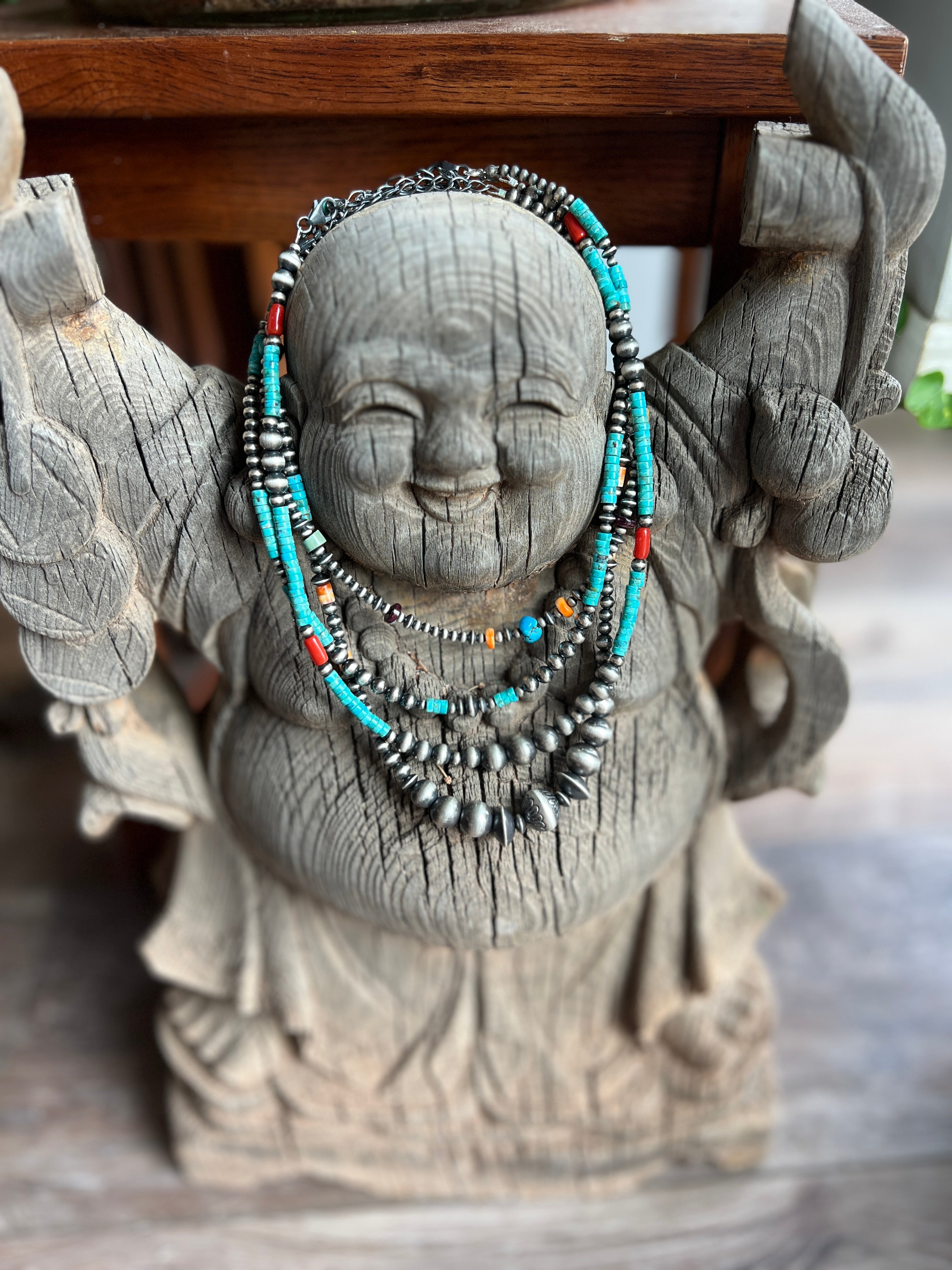 Summer Lovin’ Beaded Layering Necklace with Sterling Silver, Spiny Oyster Shell and Turquoise, 16” + 2”, The Flower Child