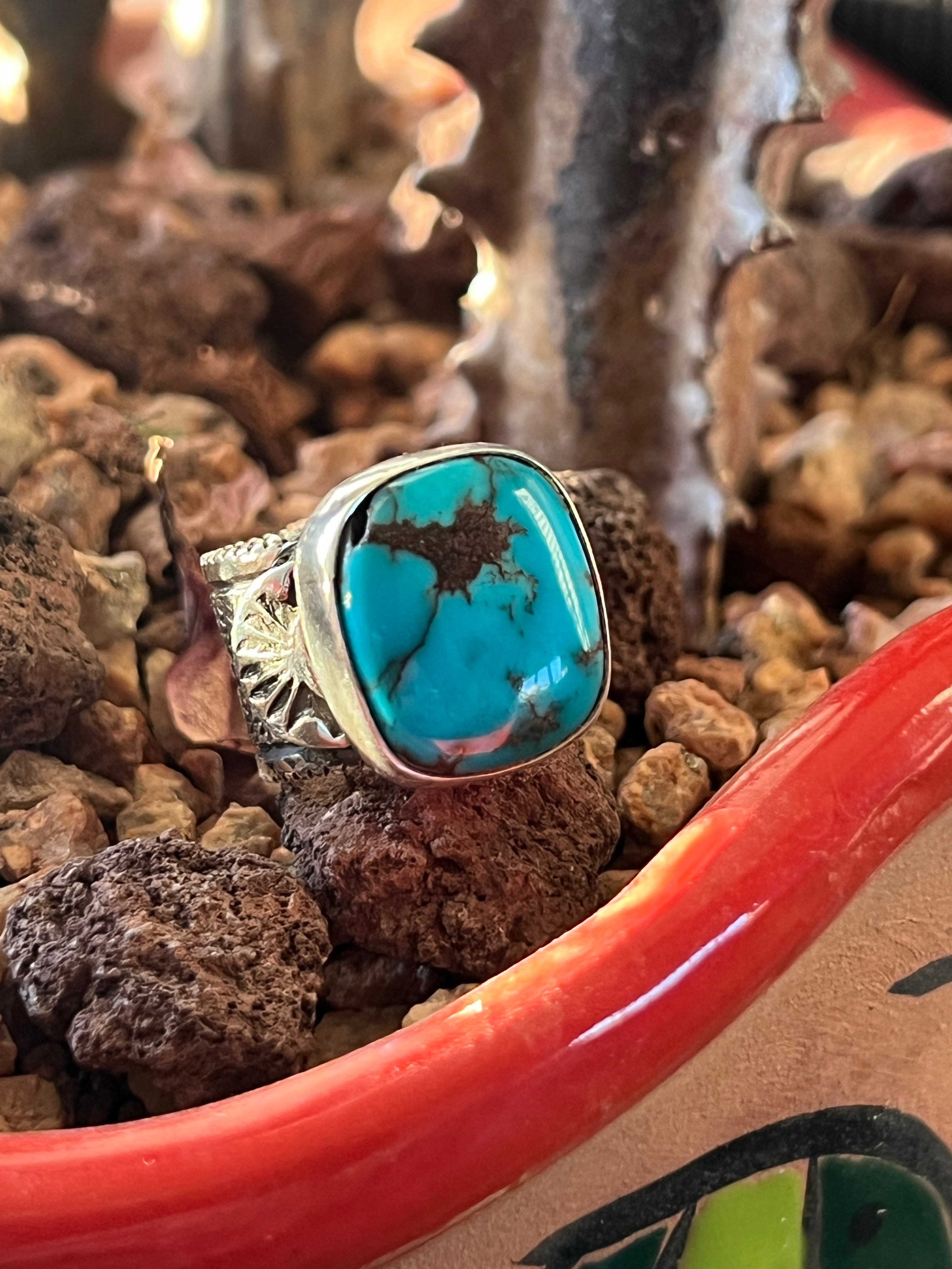 Handcrafted Sterling Silver Wide Shank Ring with Egyptian Turquoise by Shaun Rogers, Size 8.25