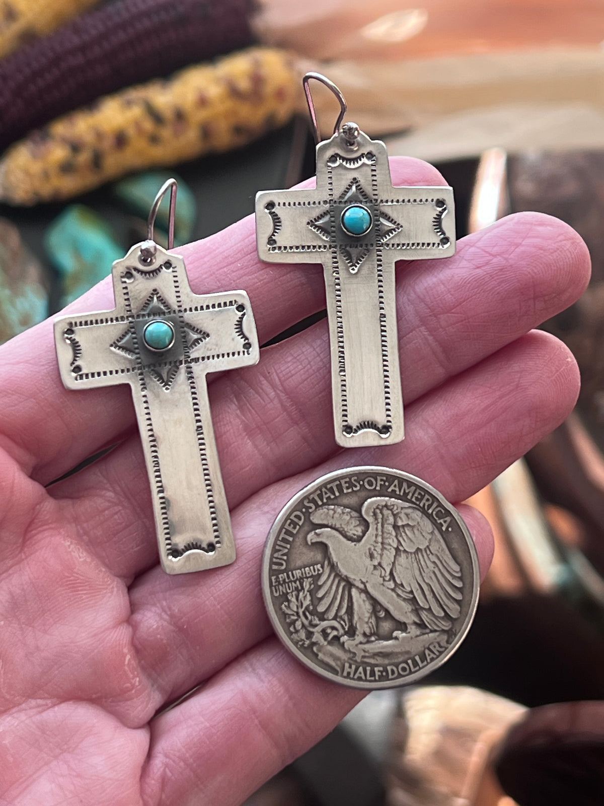 Hand Stamped Sterling Silver Cross Dangle Earrings with Turquoise by Kimari Somers