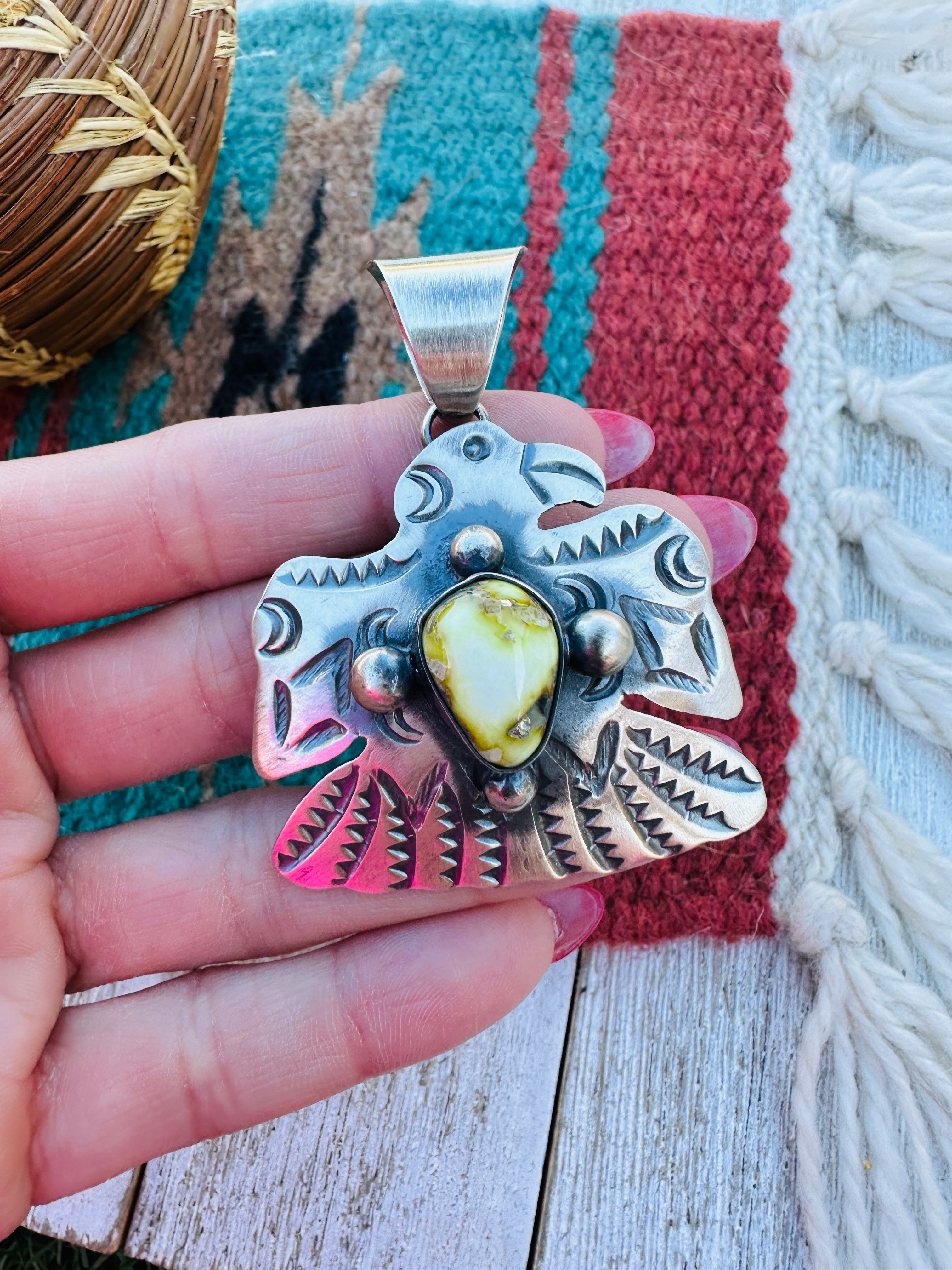 Handcrafted Sterling Silver & Palomino Turquoise Thunderbird Pendant by Chimney Butte