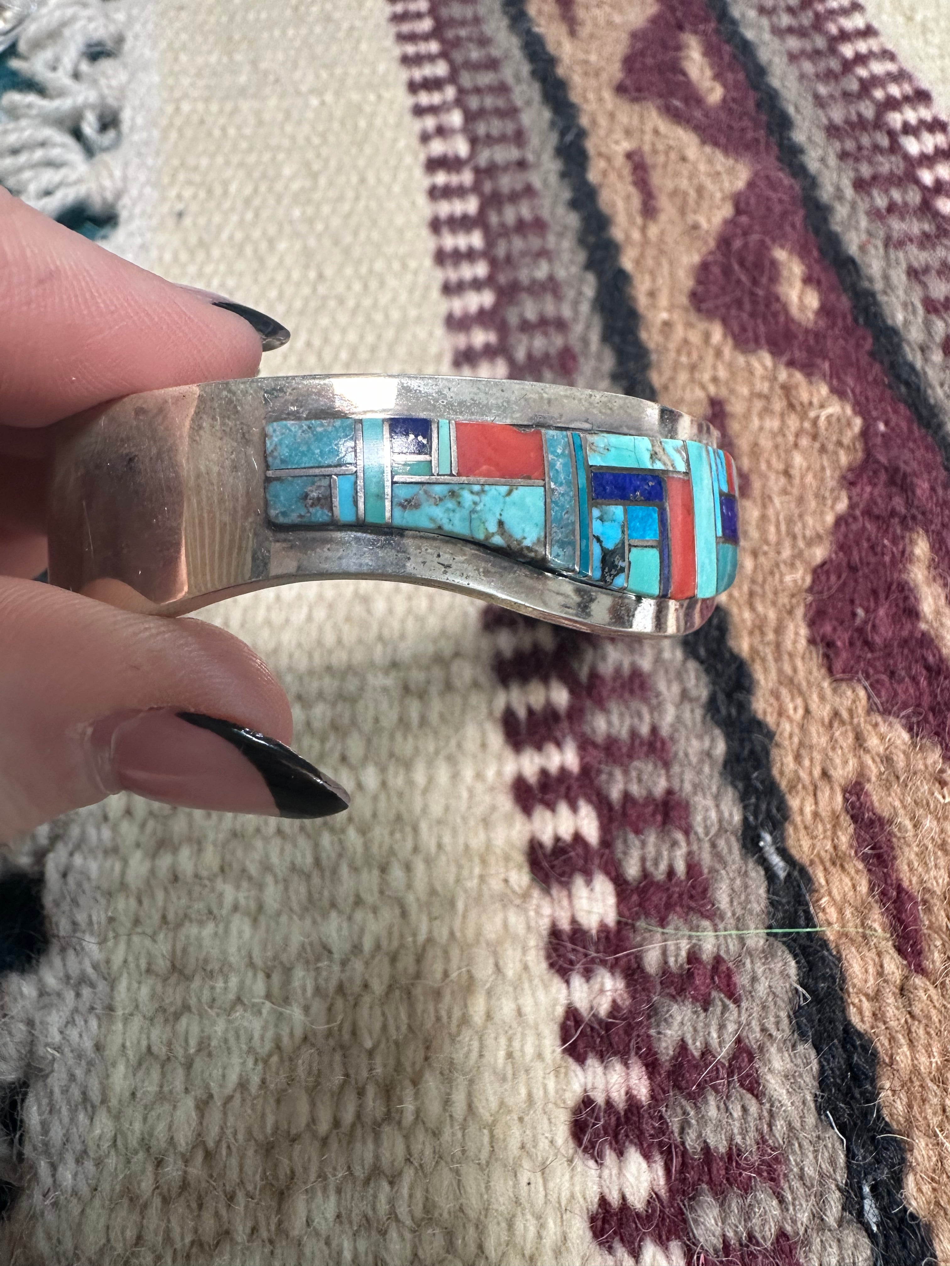 Handcrafted Multi Stone & Sterling Silver Inlay Cuff Bracelet Signed Patricia Becenti