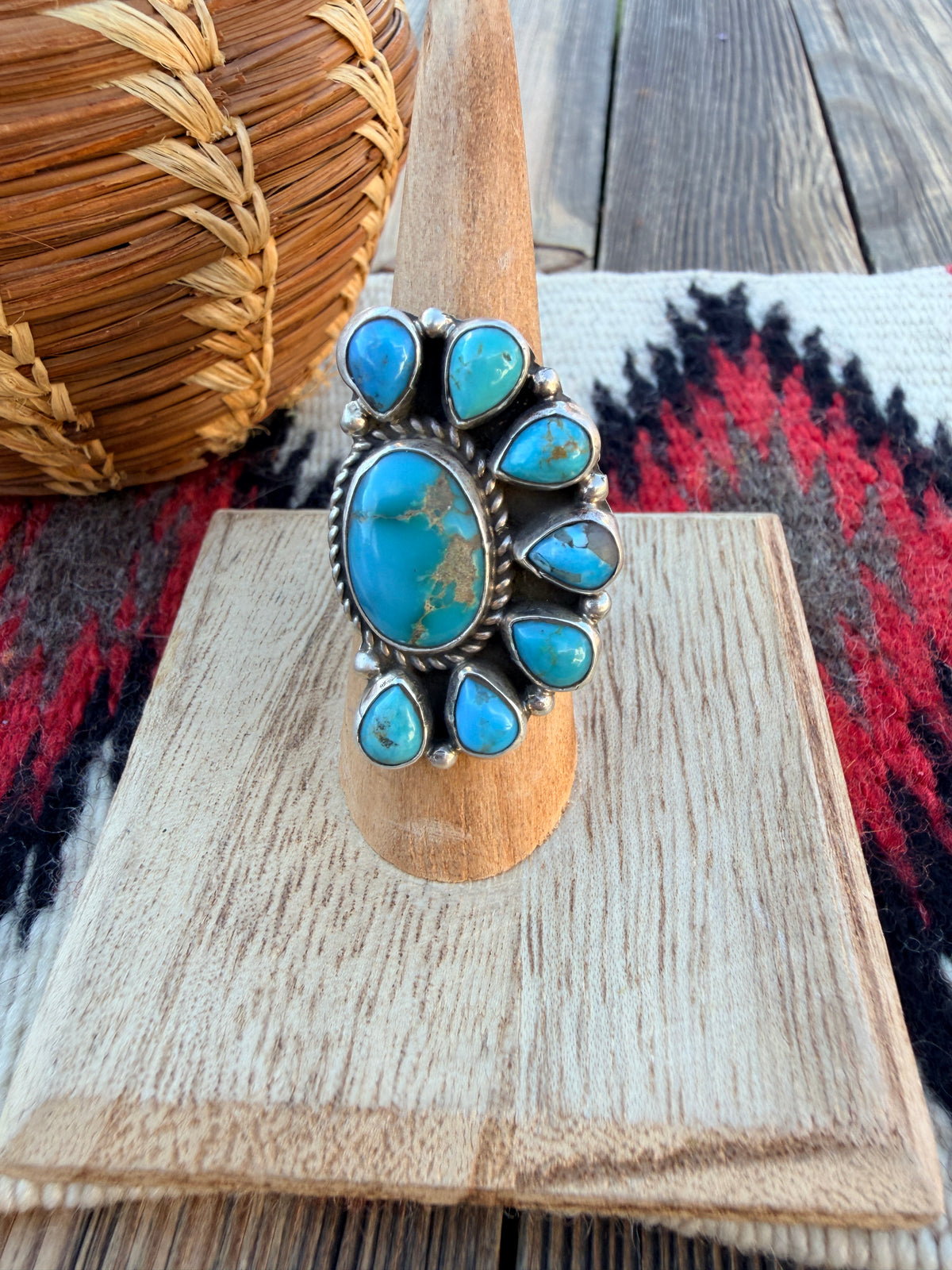 Handcrafted Turquoise & Sterling Silver Cluster Adjustable Ring by Geraldine James