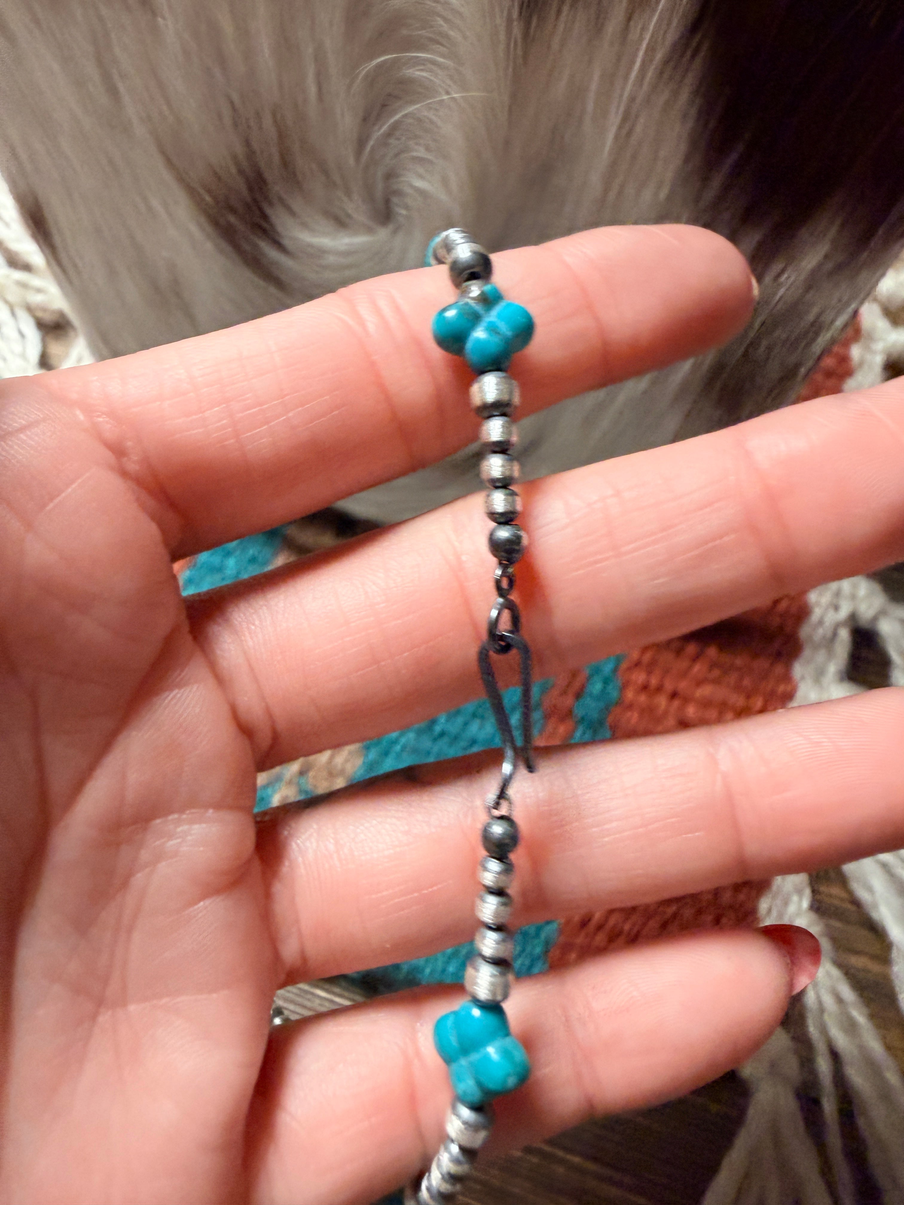 Handcrafted Turquoise & Sterling Silver Pearl 20" Beaded Necklace