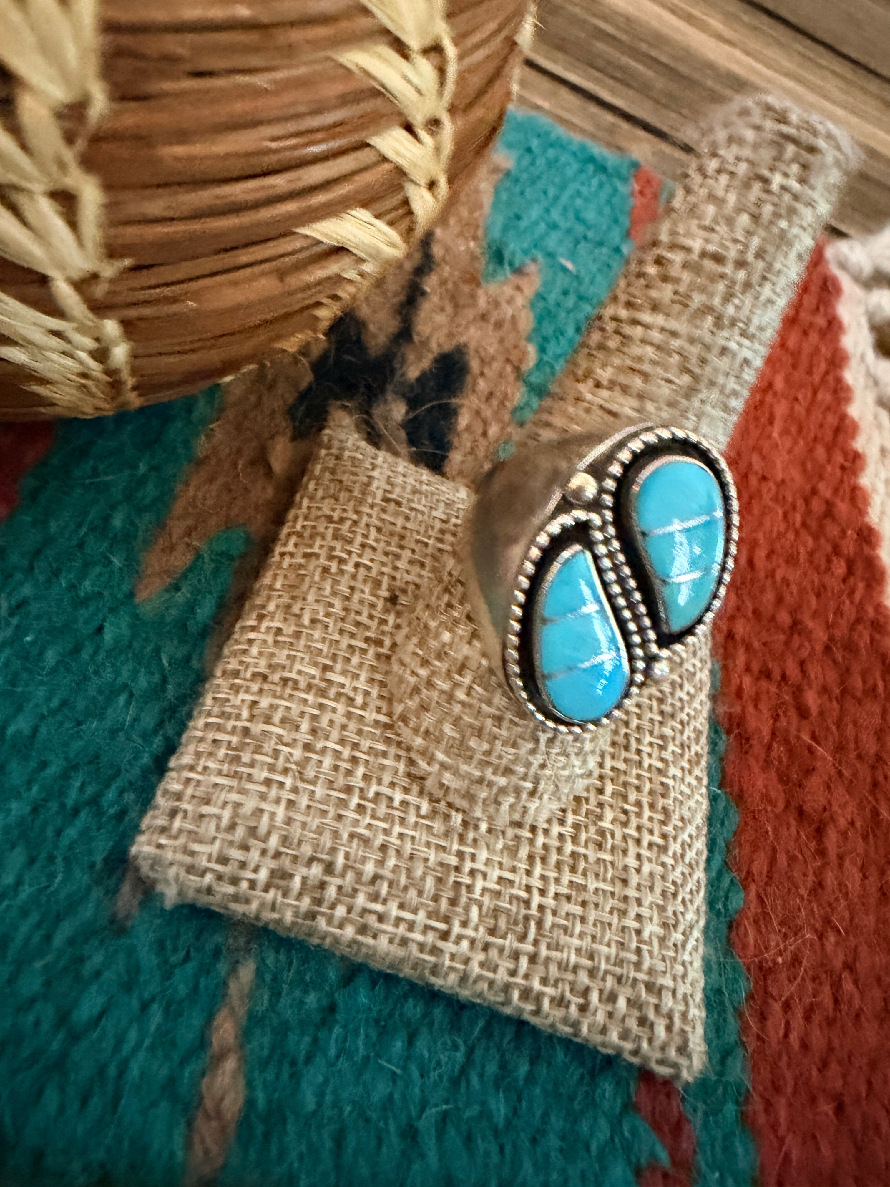 Old Pawn Handcrafted Turquoise & Sterling Silver Inlay Cigar Band Ring Size 10