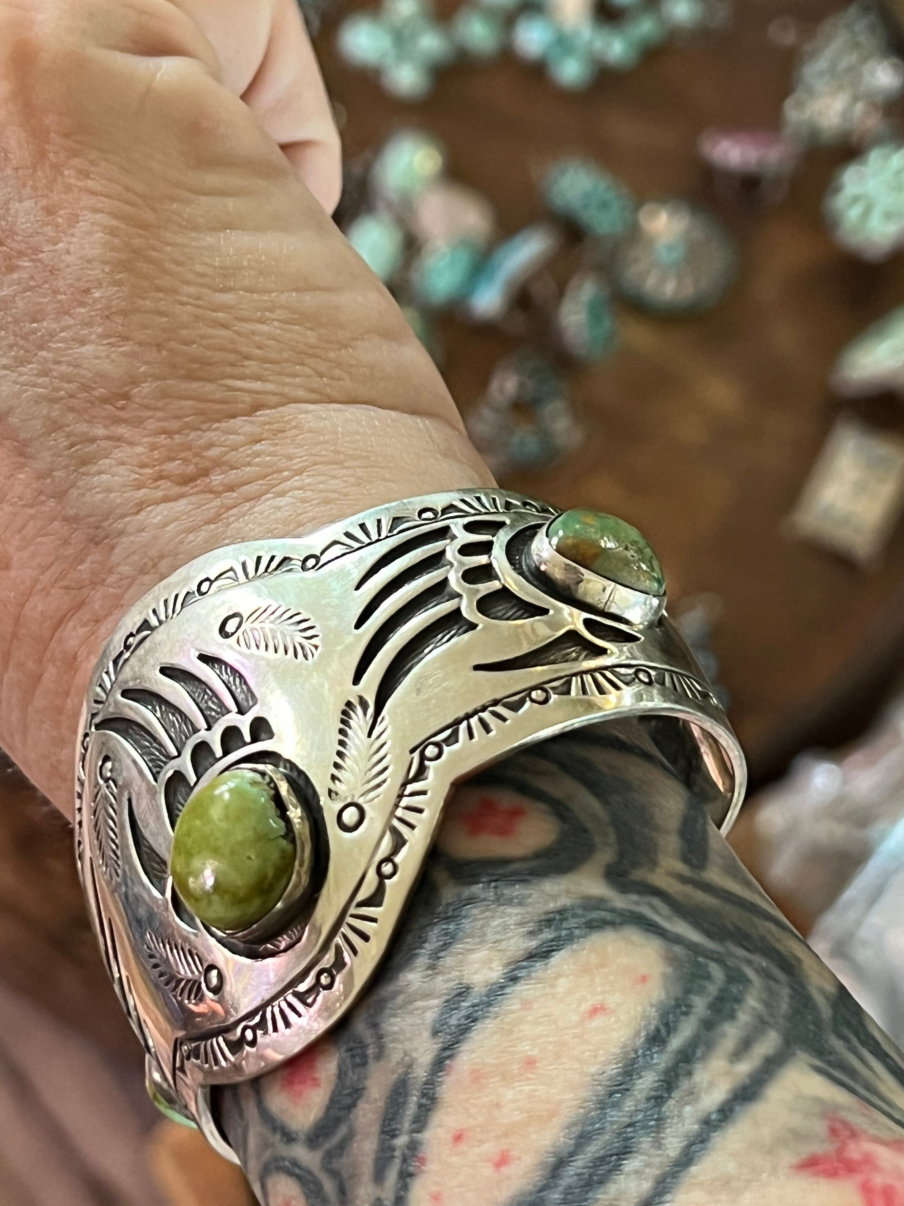 Handcrafted Old Pawn Sterling Silver and Royston Turquoise Overlay Bear Paw Cuff Bracelet by Charlie Bowie /