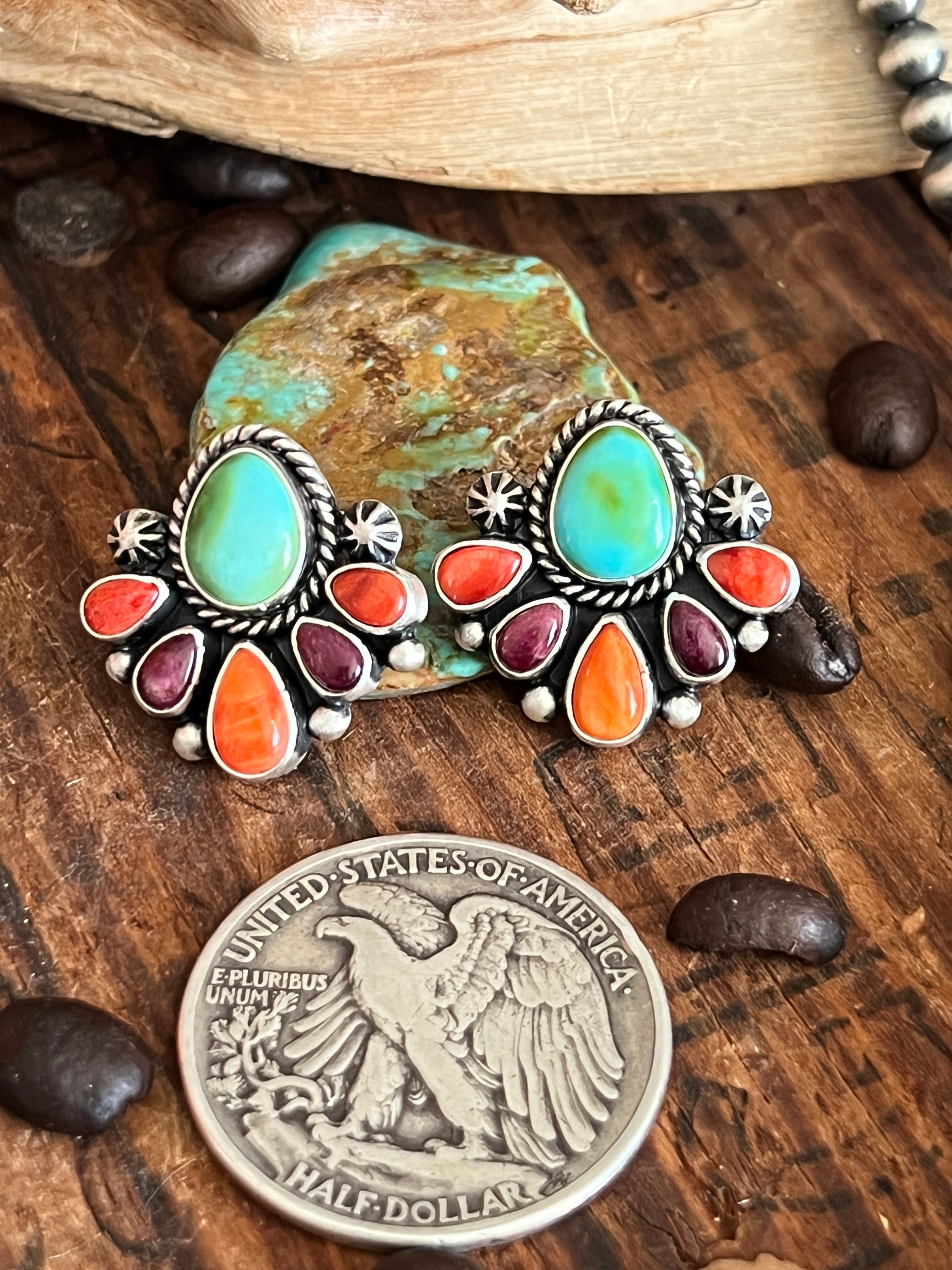 Handcrafted Sterling Silver Electric Rainbow Beaded Cluster Necklace & Earrings Set by Angela Martin