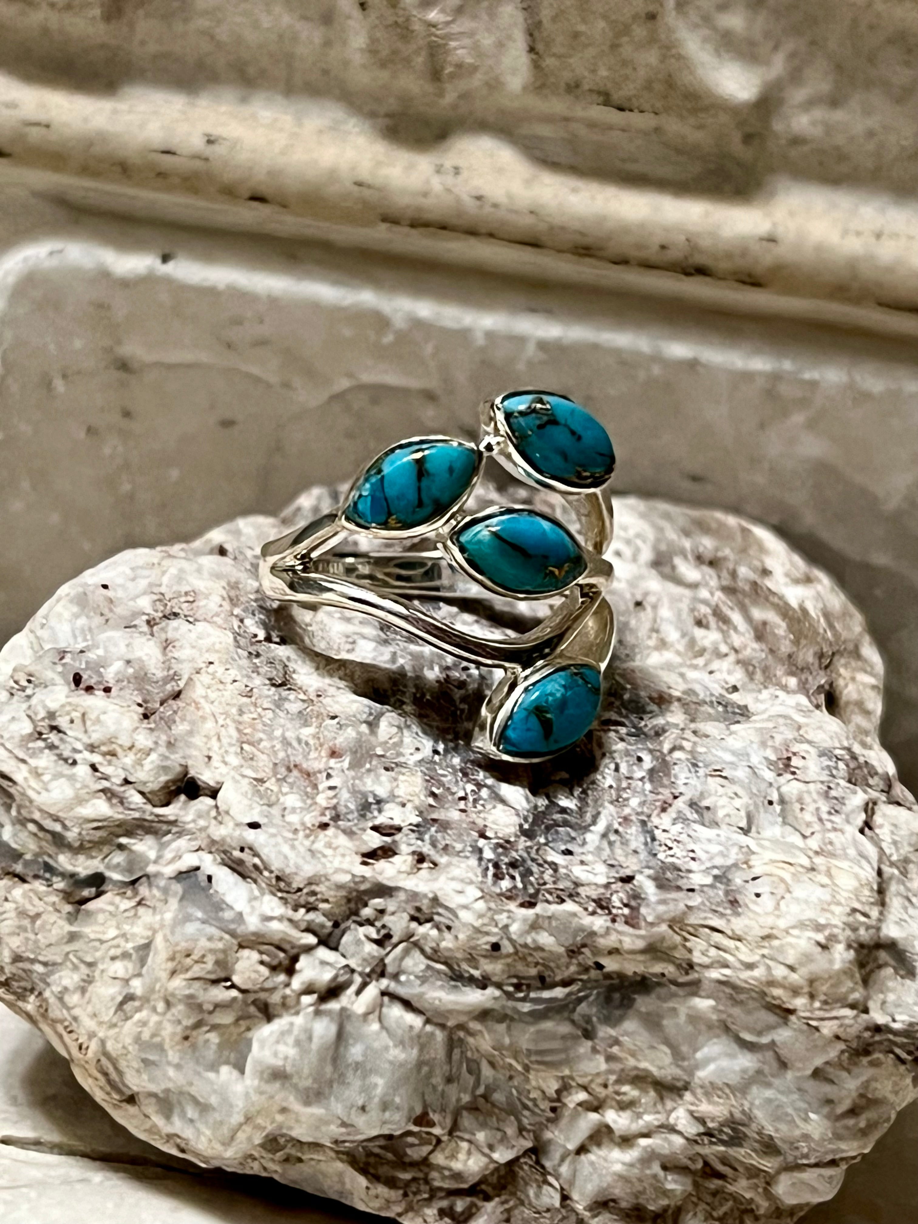 Four Stone Blue Copper Turquoise Sterling Silver Ring Size 8