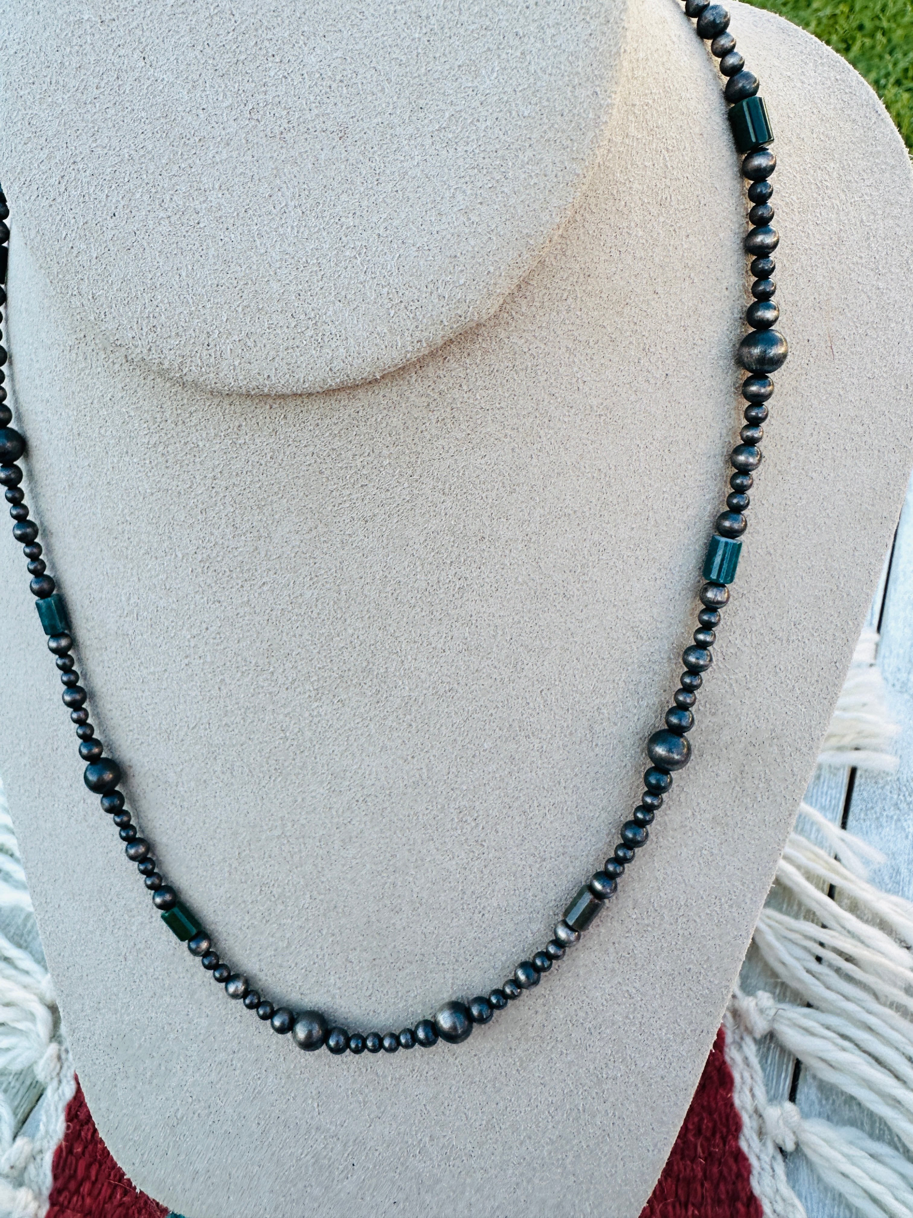 Handcrafted Sterling Silver Pearl & Lapis 18” Beaded Necklace