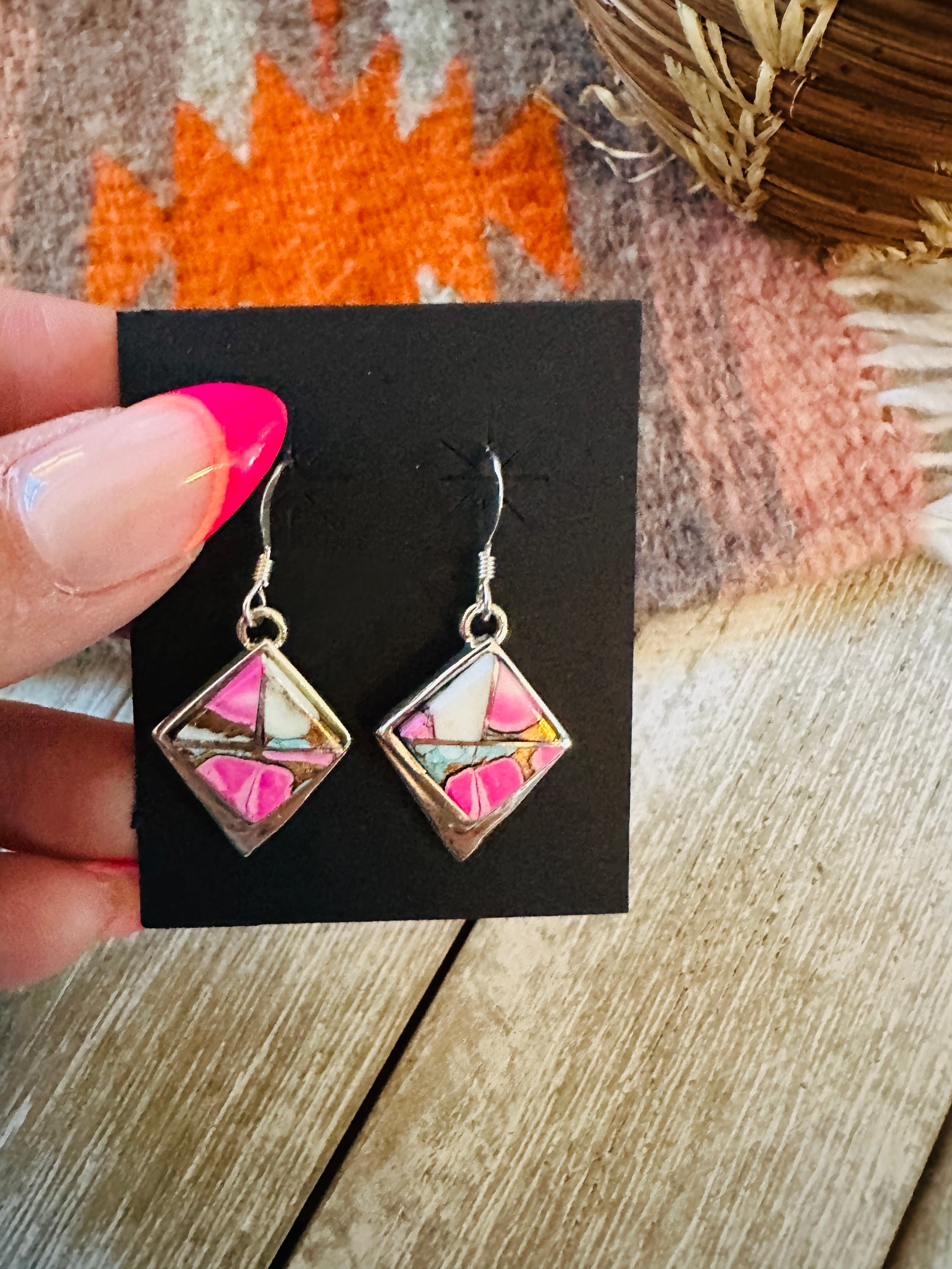 Handcrafted Cotton Candy and Sterling Silver Inlay Dangle Earrings