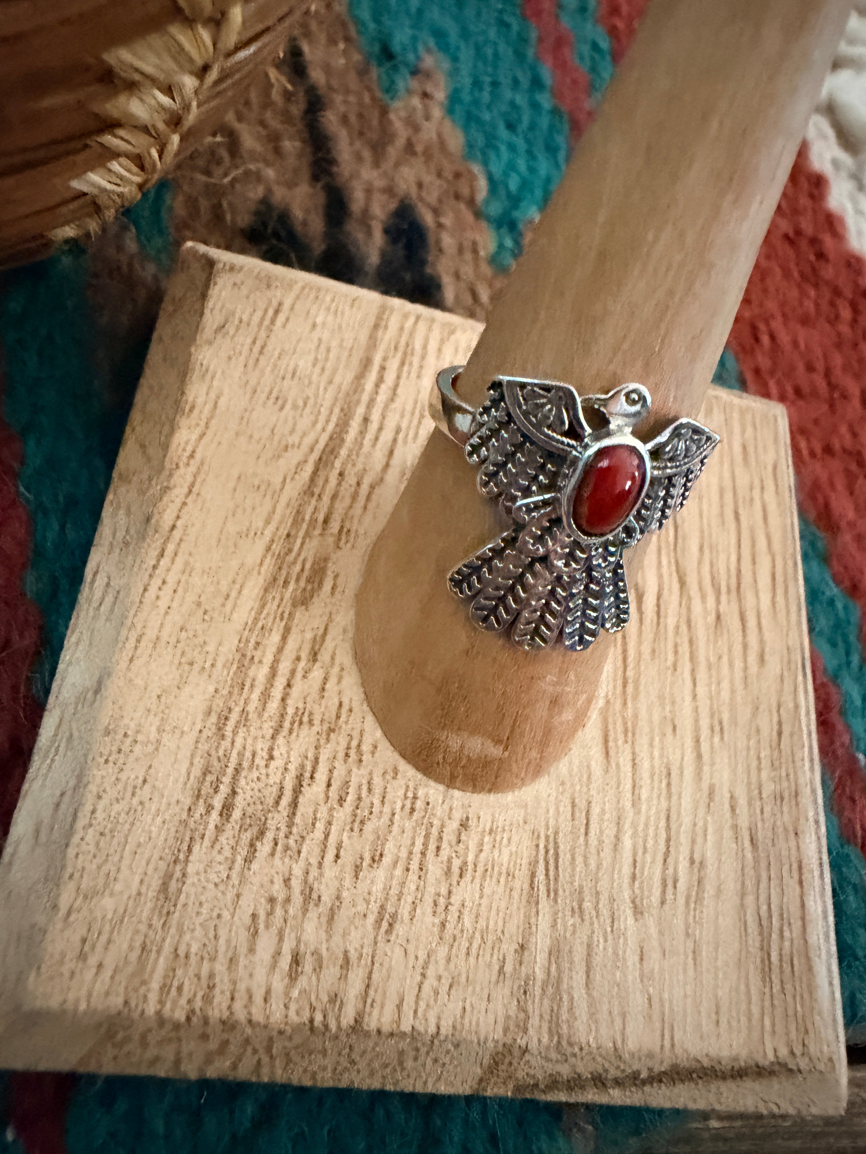 Handmade Sterling Silver and Coral Thunderbird Adjustable Ring "Signed Nizhoni"