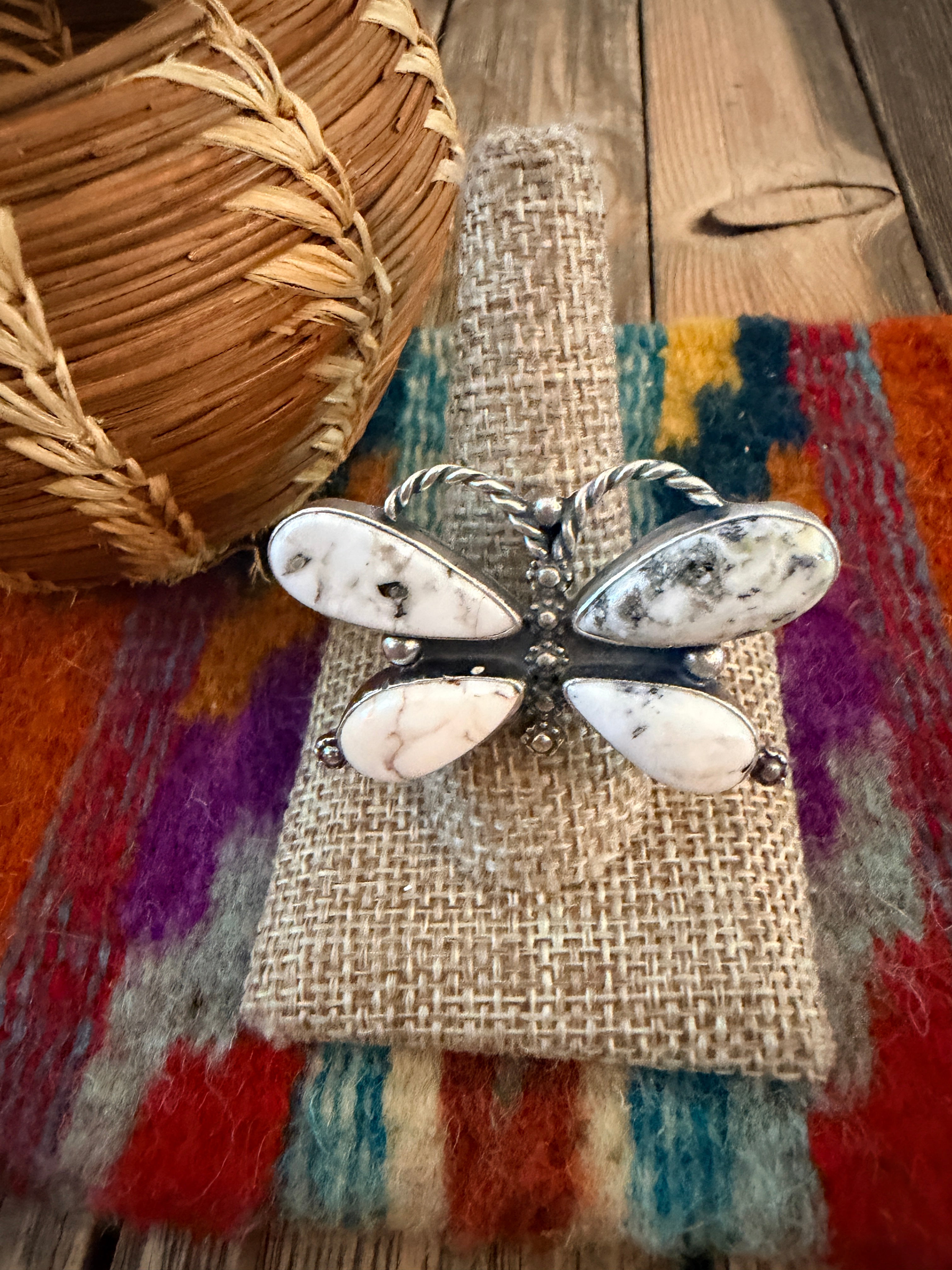 Handcrafted White Buffalo & Sterling Silver Adjustable Butterfly Ring