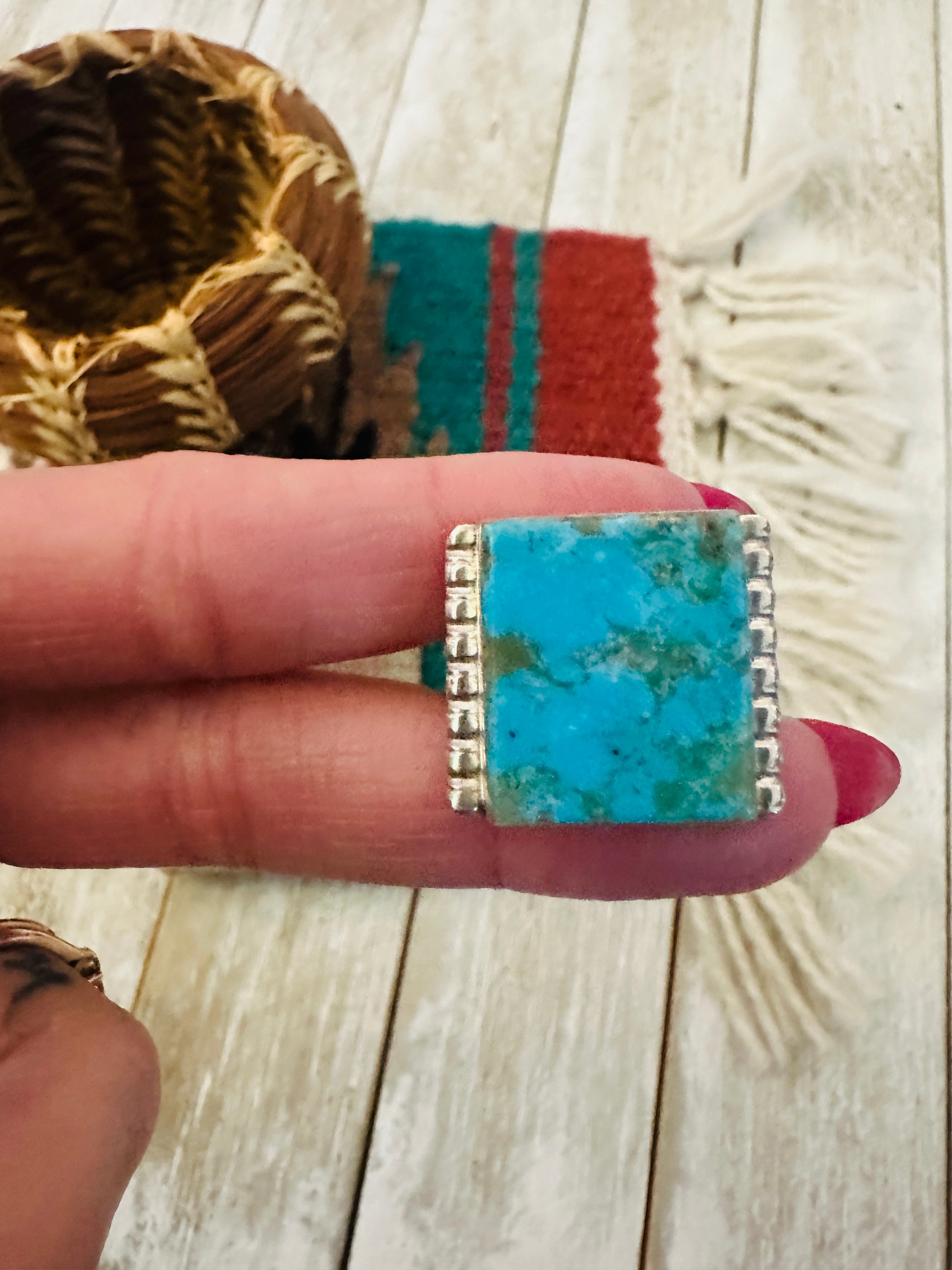 Handcrafted Turquoise & Sterling Silver Ring Size 9.5