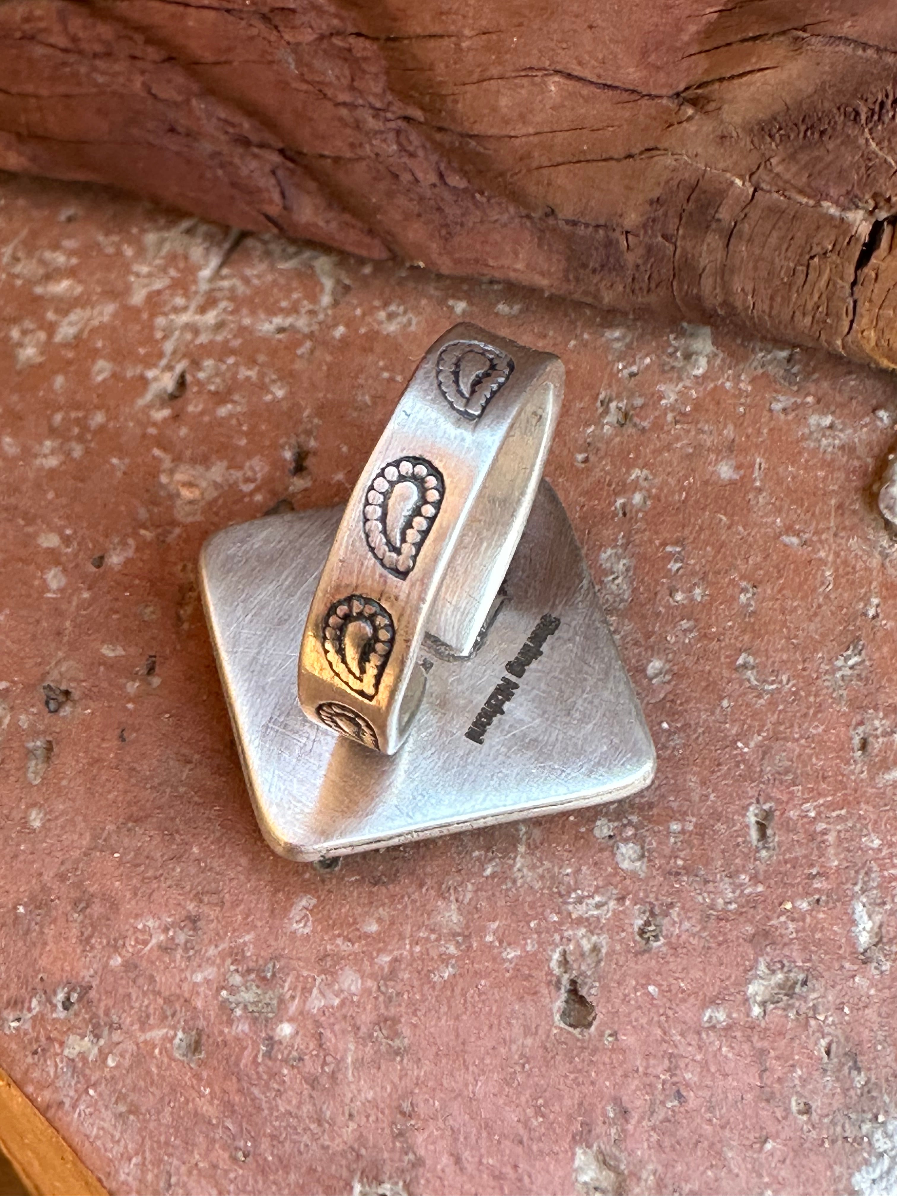 Beautiful Handmade Sterling Silver And Royston Turquoise Square Adjustable Ring