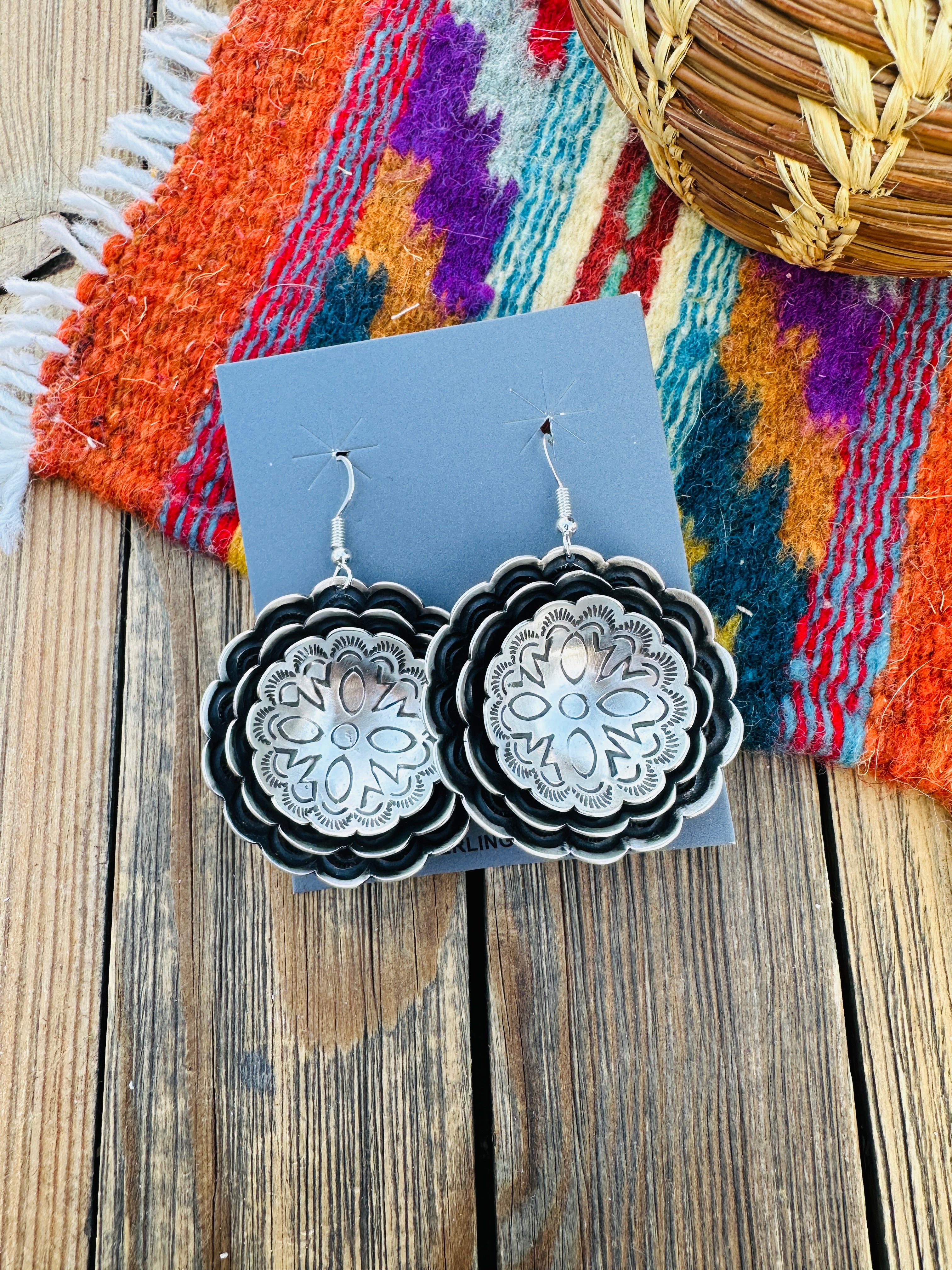 Handcrafted Sterling Silver Concho Dangle Earrings by Leander Tahe